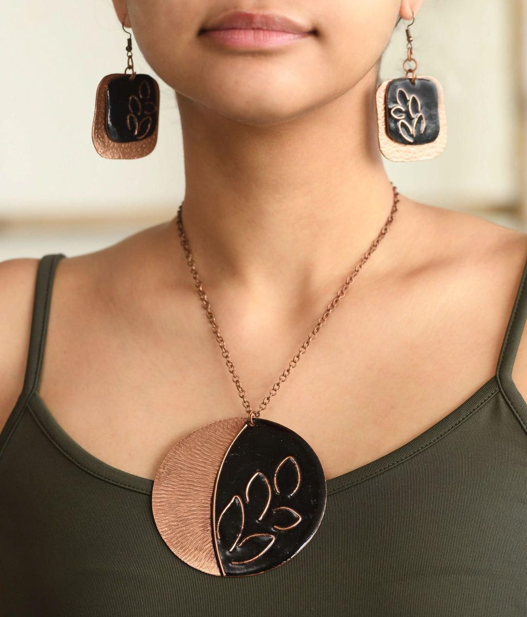 Handcrafted Copper Enamel Phyllo Coal Large Pendant