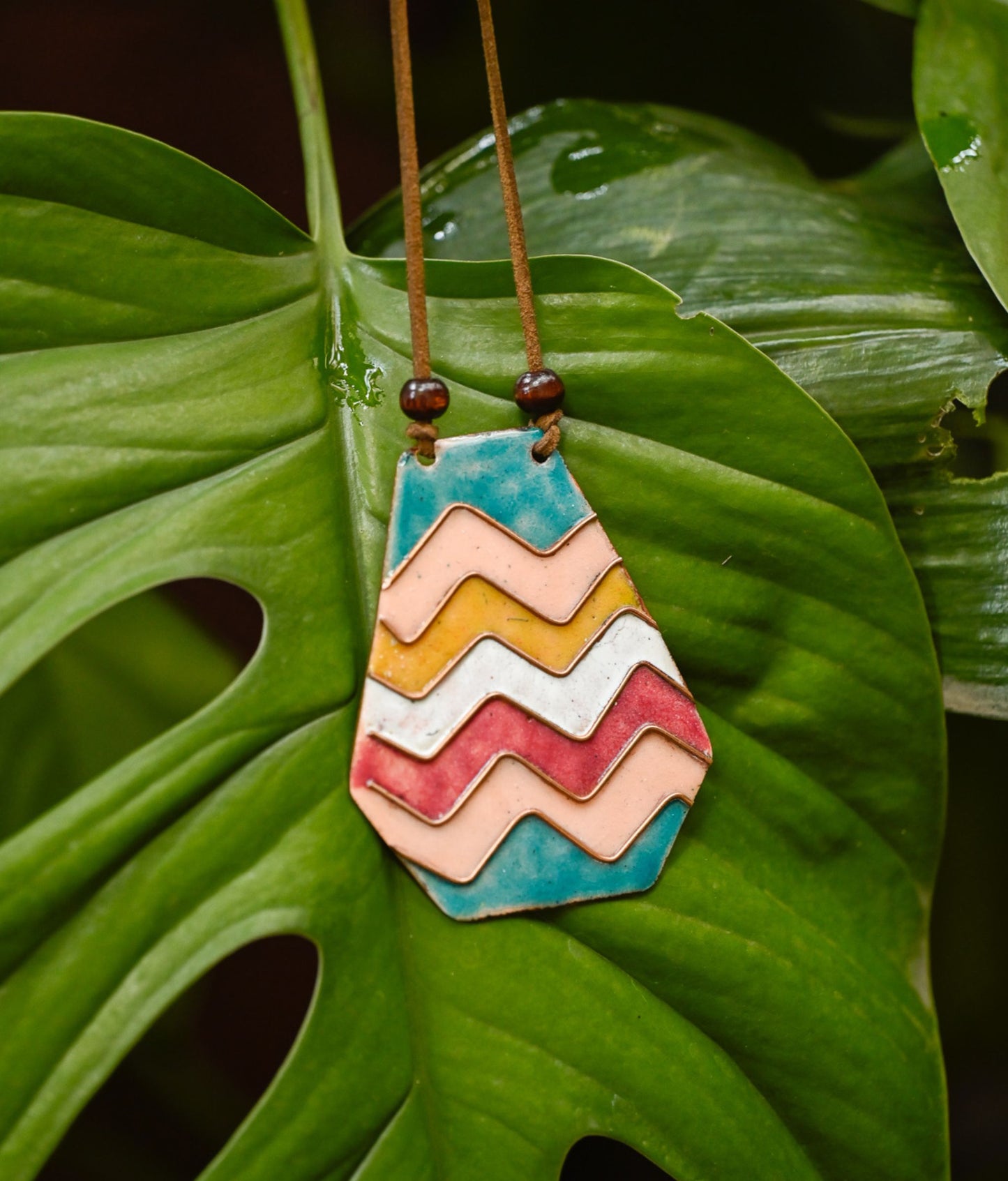 Handcrafted Copper Enamel Wave Multicolour Pendant