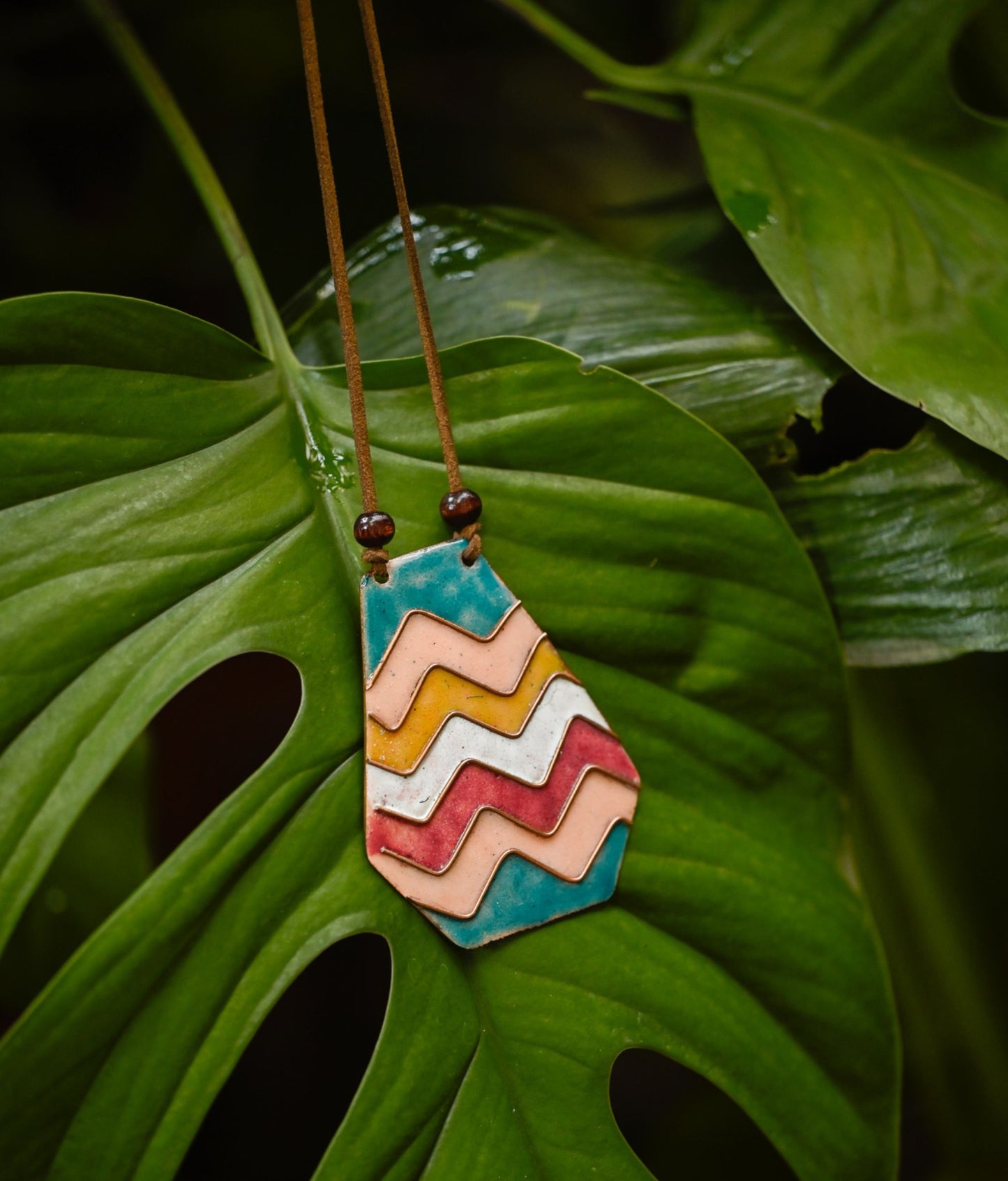 Handcrafted Copper Enamel Wave Multicolour Pendant