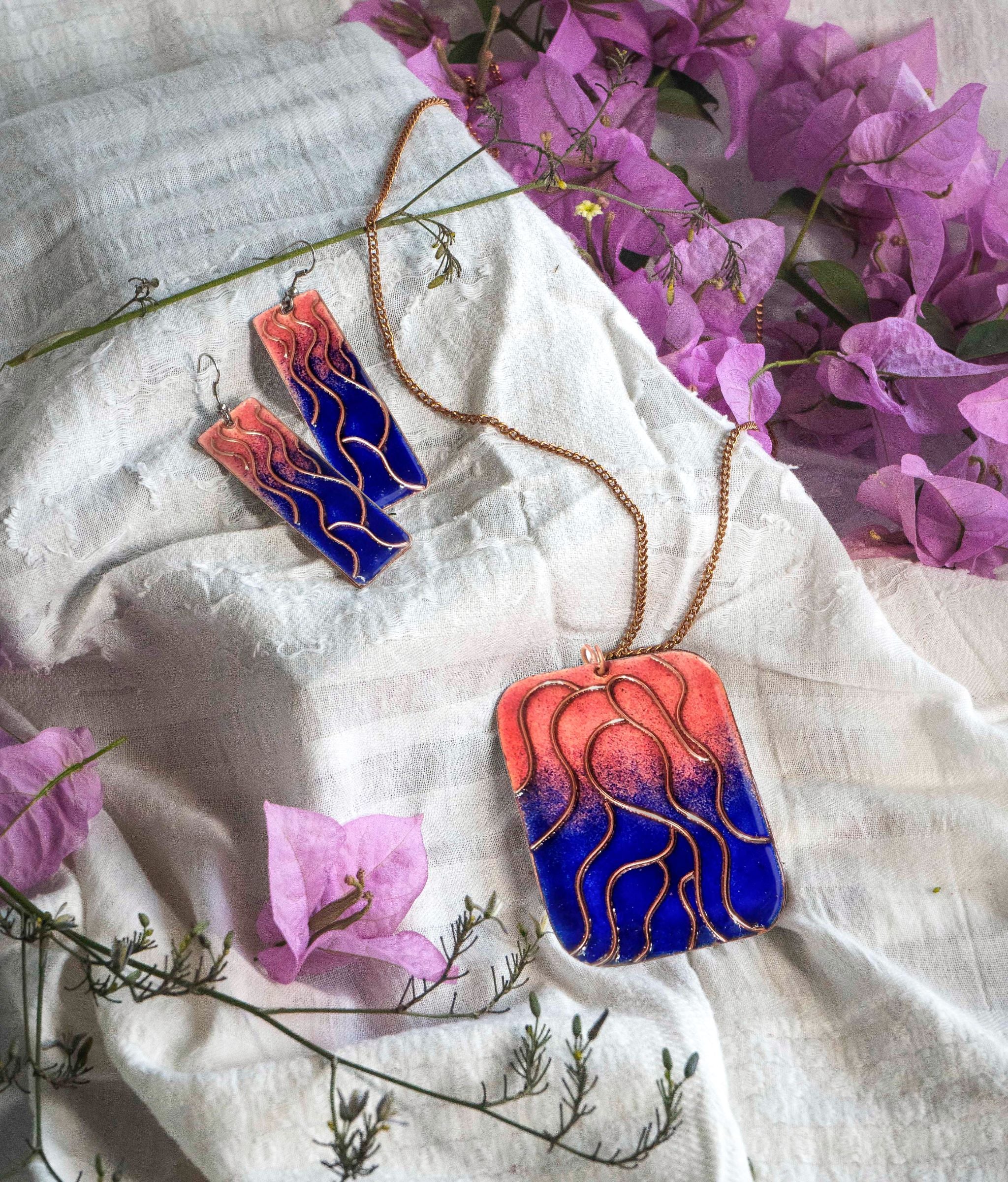 Handcrafted Copper Enamel Wave Pink/Blue Pendant Set