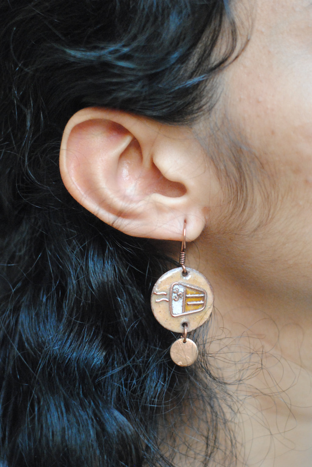 Copper enamel jewelry, funky earrings handcrafted in Maharashtra, India. Chai paani theme