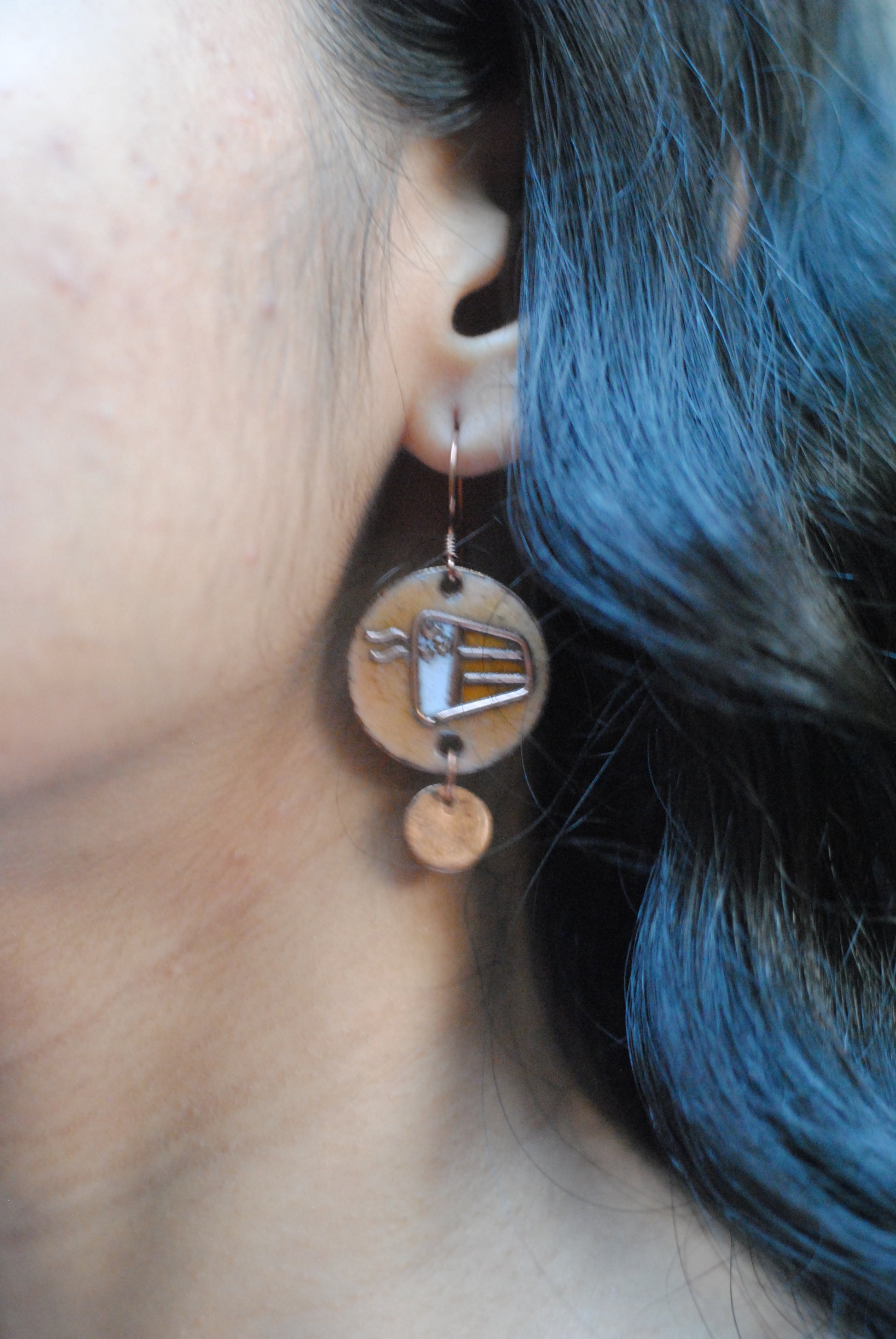 Copper enamel jewelry, funky earrings handcrafted in Maharashtra, India. Chai paani theme