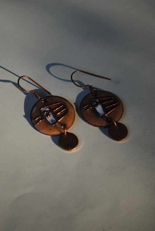 Copper enamel jewelry, funky earrings handcrafted in Maharashtra, India. Chai paani theme