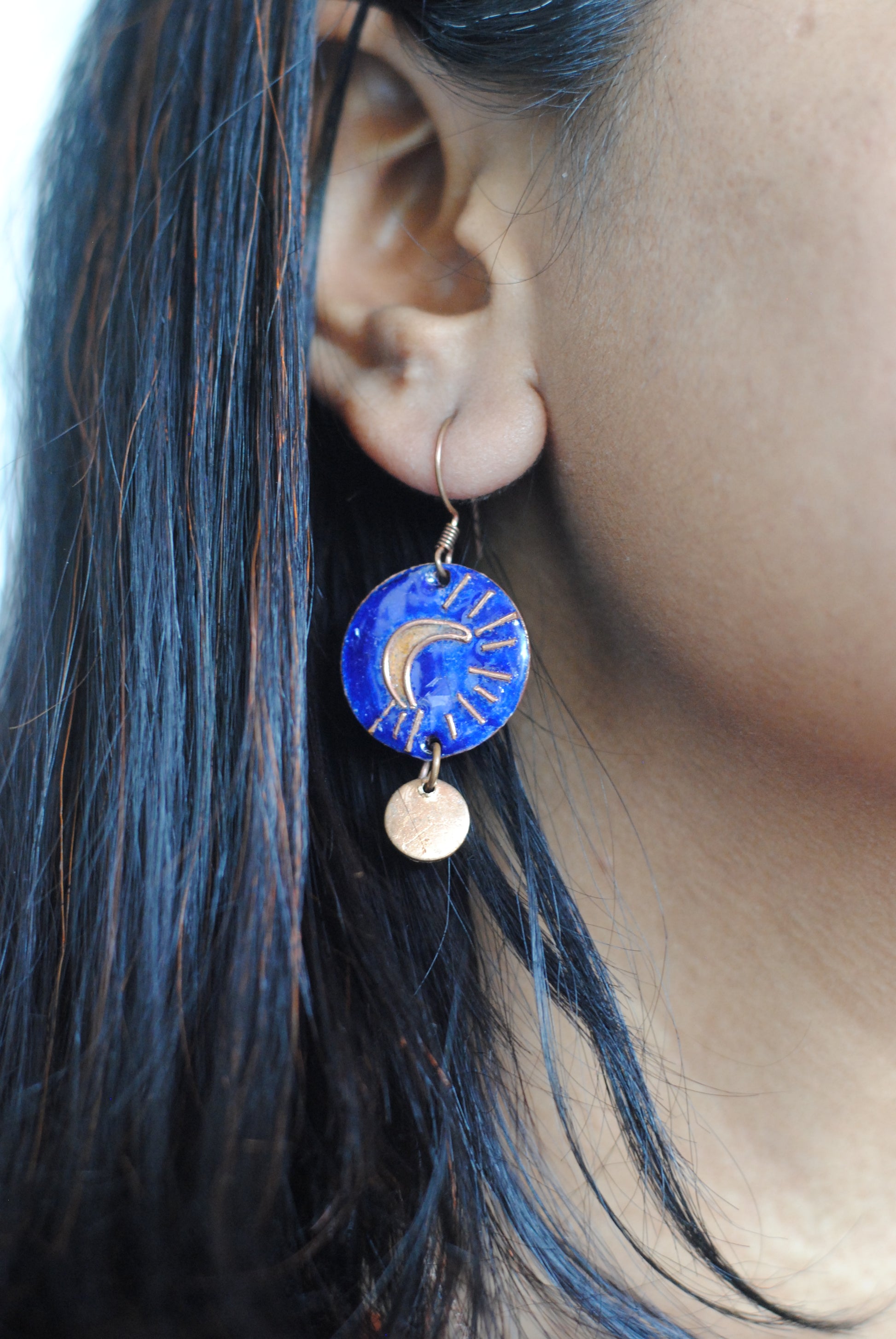 Copper enamel trinkets, funky earrings handcrafted in Maharashtra, India. Moon theme