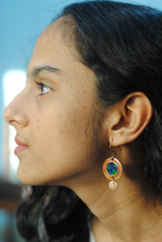 Copper enamel jewelry, funky earrings handcrafted in Maharashtra, India. World map theme
