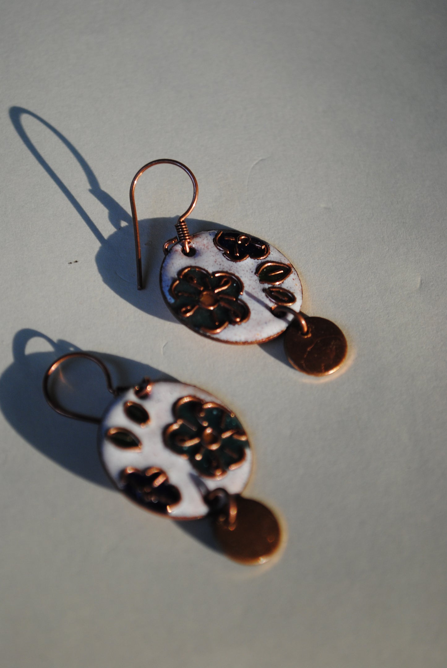 Copper enamel jewelry, funky earrings handcrafted in Maharashtra, India. Flower phool theme