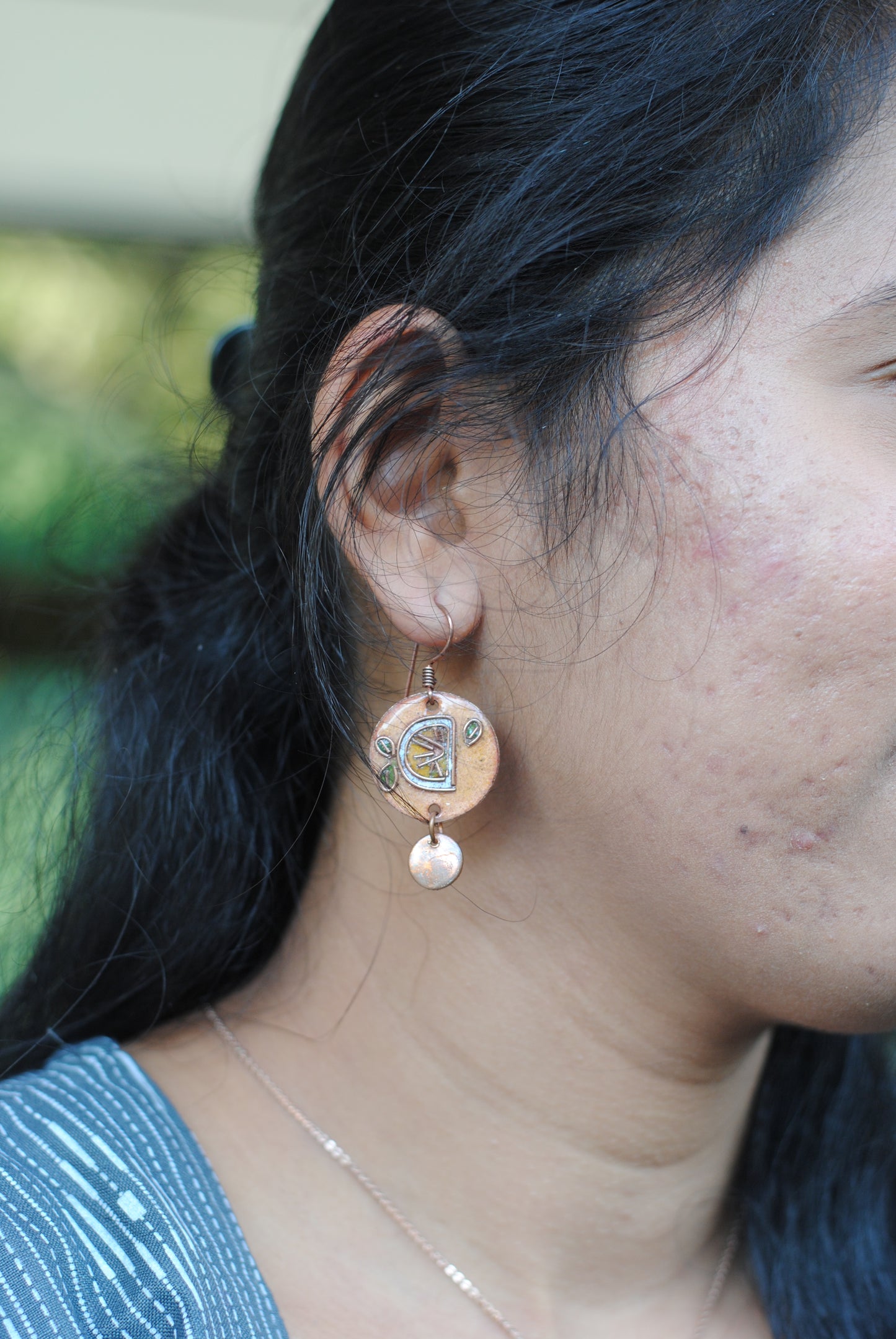 Copper enamel jewelry, funky earrings handcrafted in Maharashtra, India. lemon nimbuzz theme
