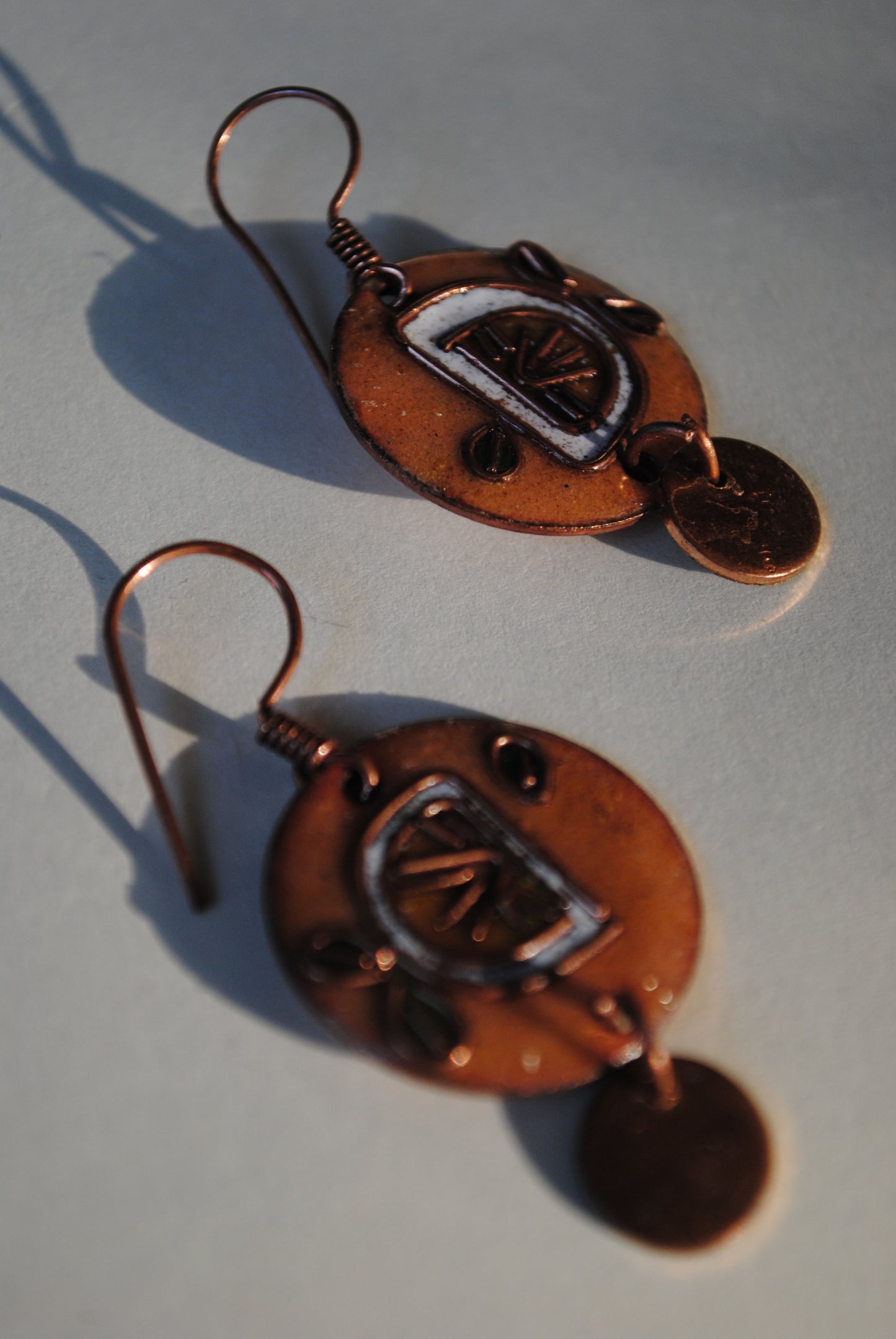 Copper enamel jewelry, funky earrings handcrafted in Maharashtra, India. Lemon nimbuzz theme