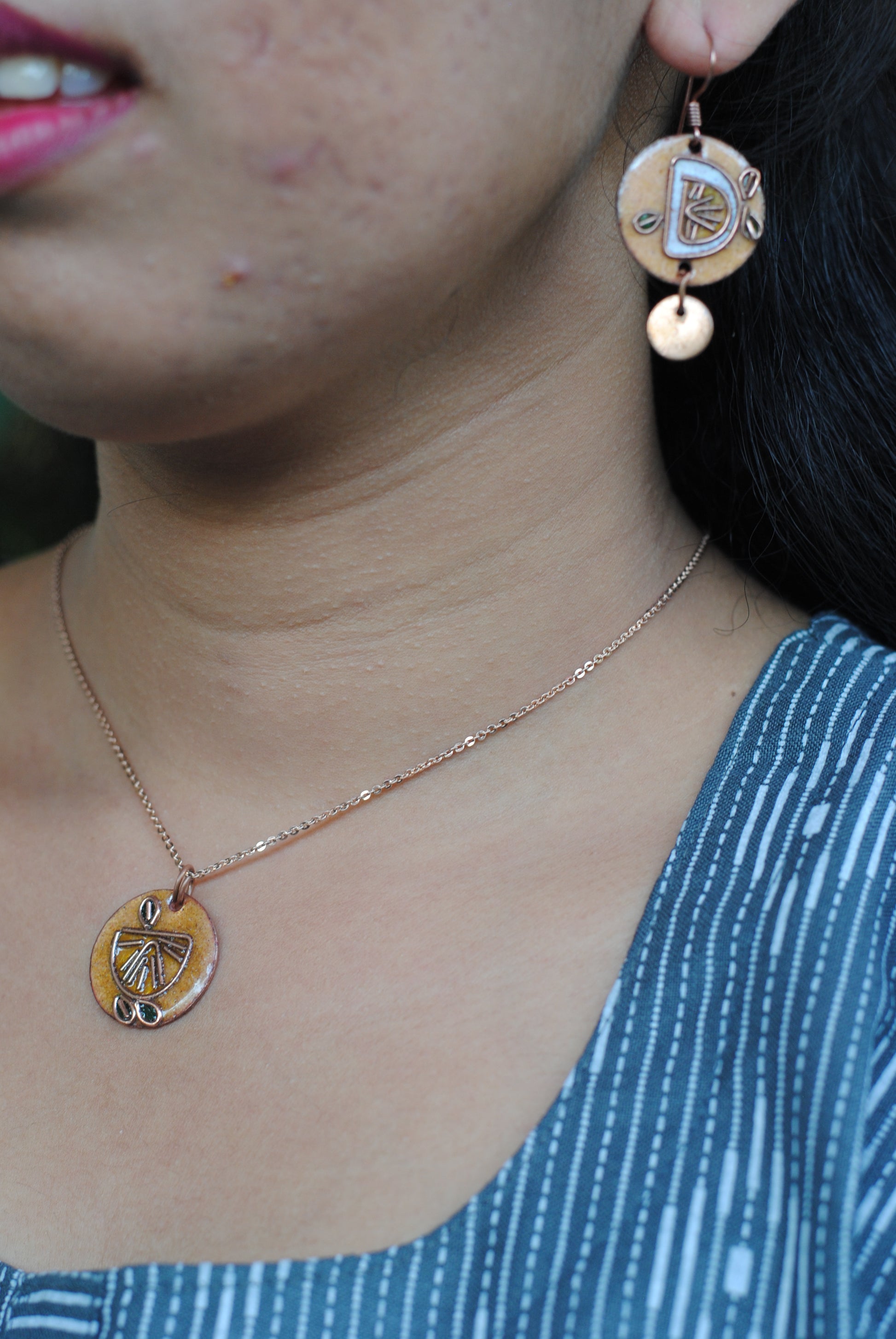 Copper enamel jewelry, funky earrings handcrafted in Maharashtra, India. Lemon nimbuzz theme