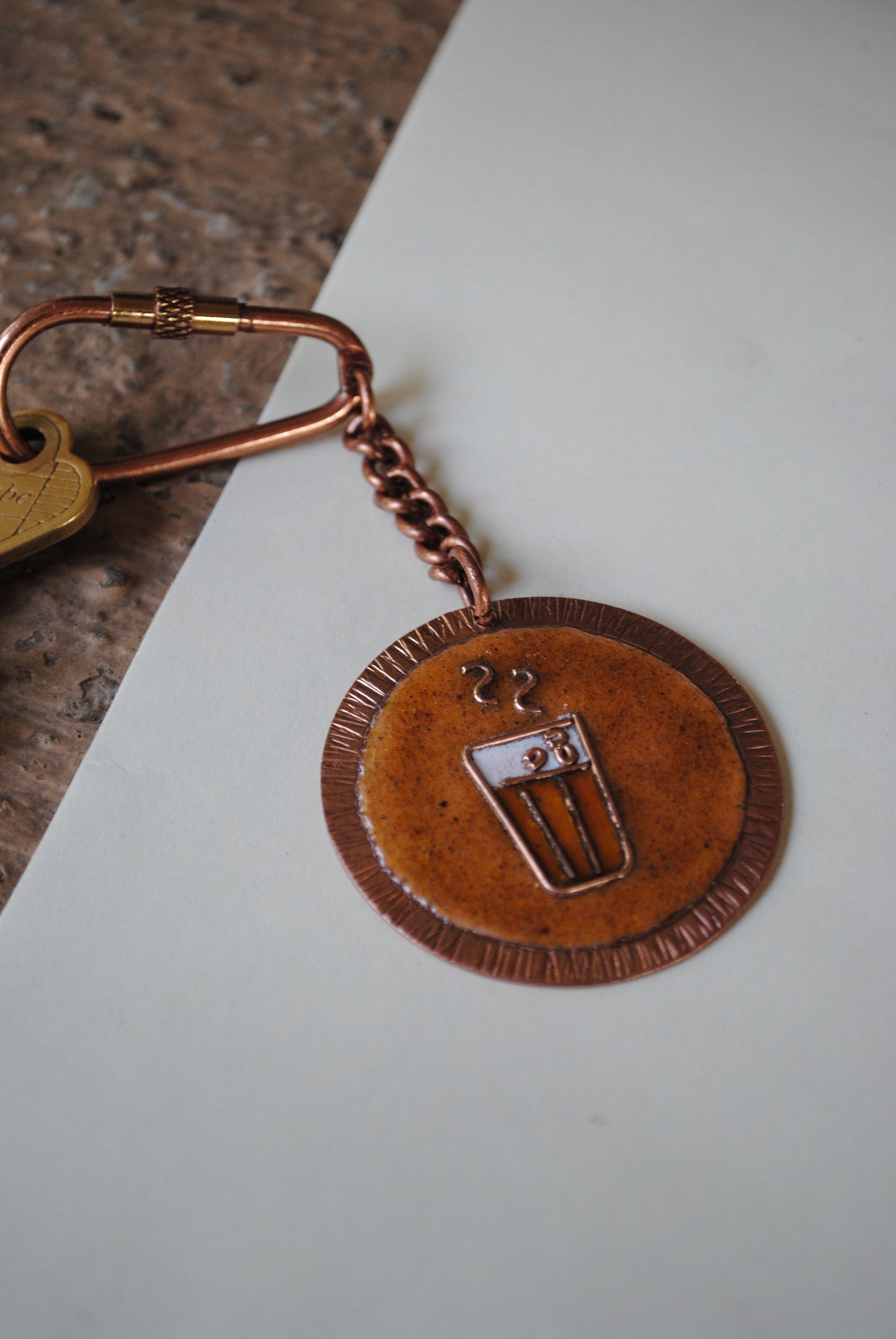 Copper enamel trinkets, funky keychains handcrafted in Maharashtra, India. Chai paani theme