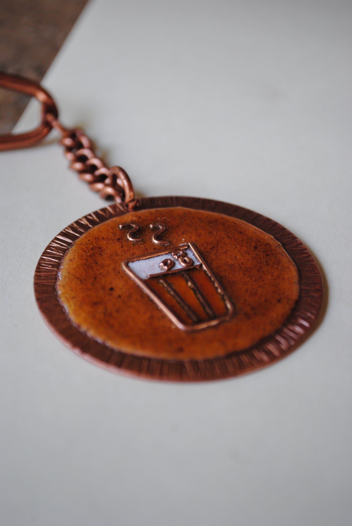 Copper enamel trinkets, funky keychains handcrafted in Maharashtra, India. Chai paani theme