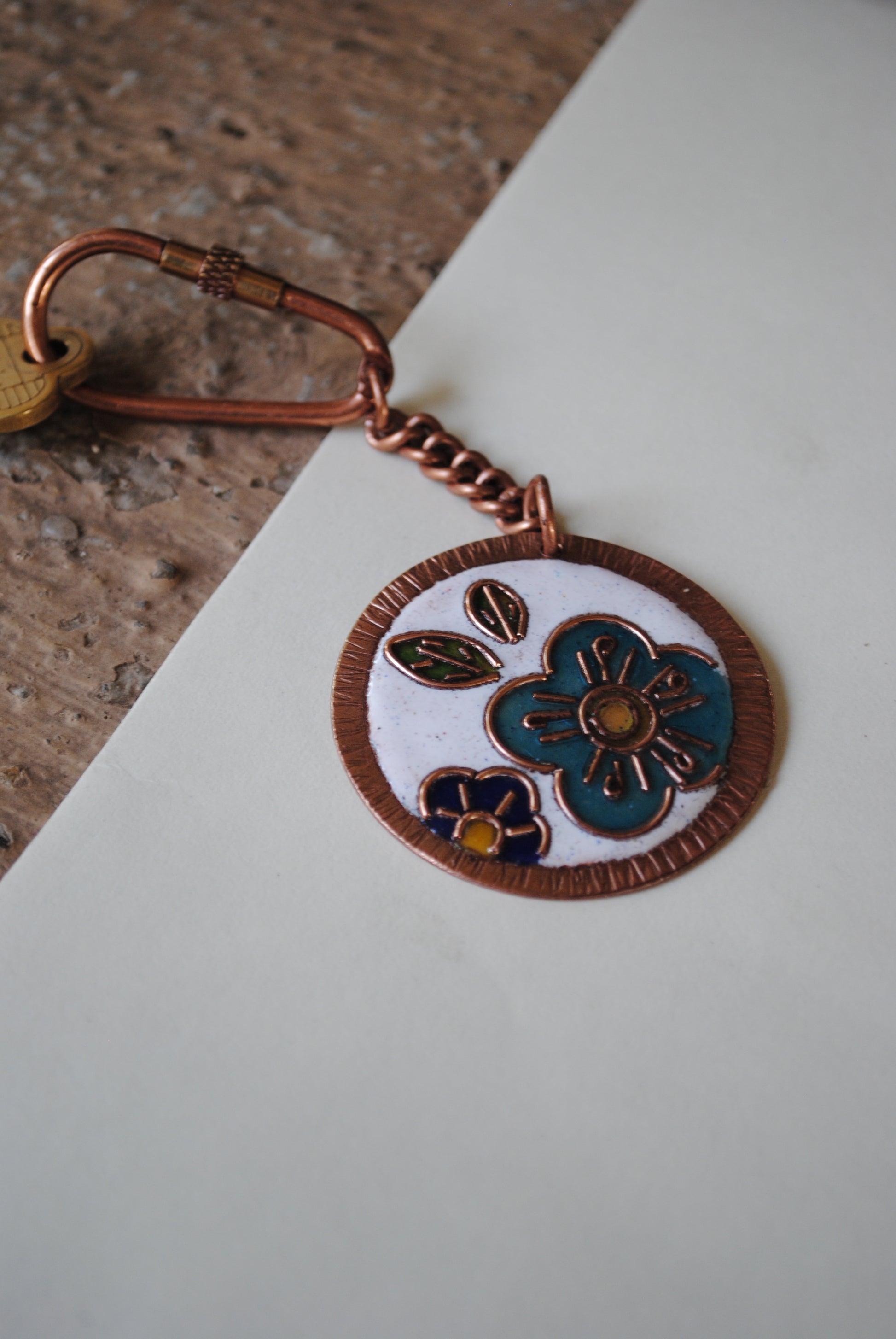 Copper enamel trinkets, funky keychain handcrafted in Maharashtra, India. Flower phool theme