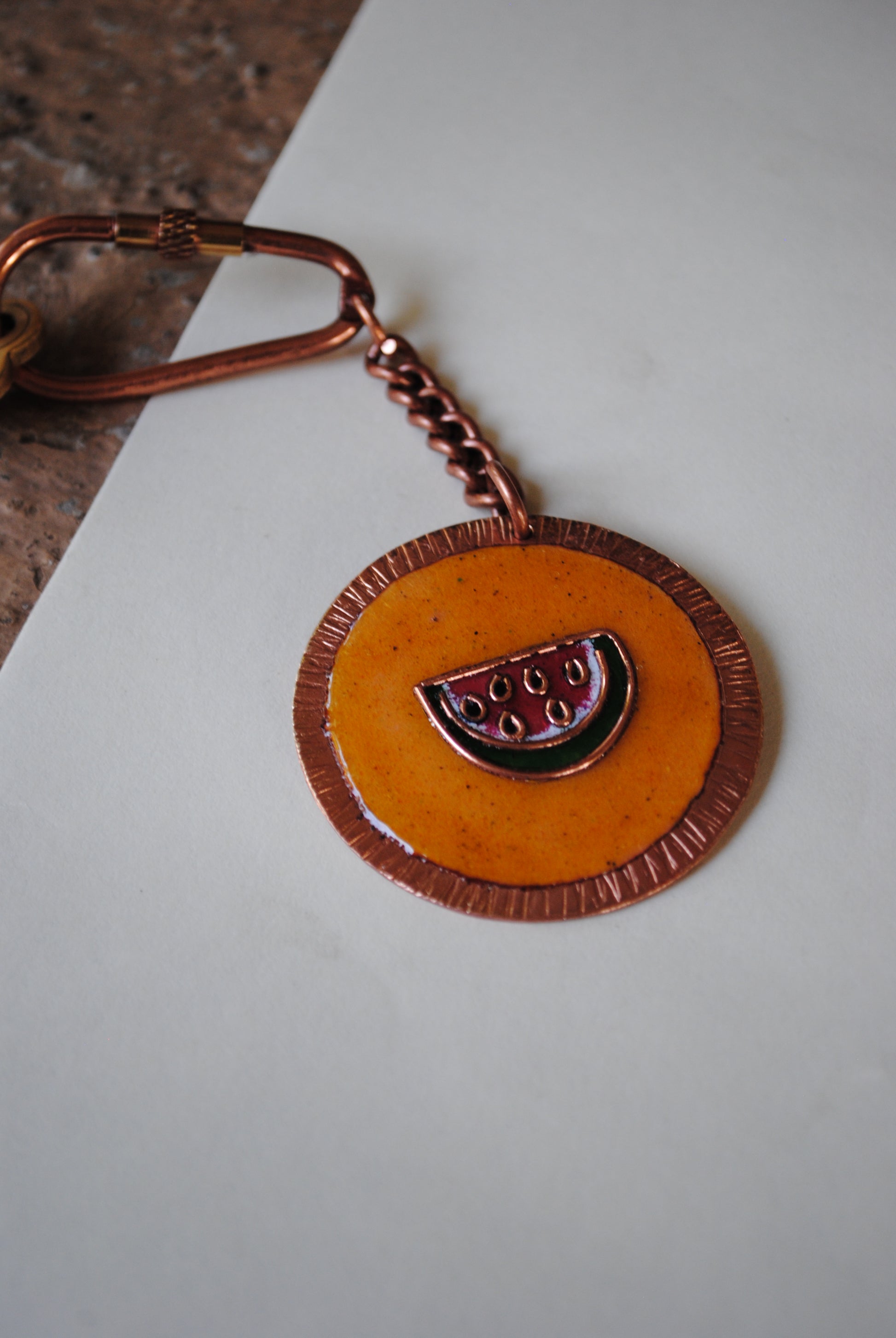 Copper enamel trinkets, funky keychains handcrafted in Maharashtra, India. Tarbooz watermelon theme
