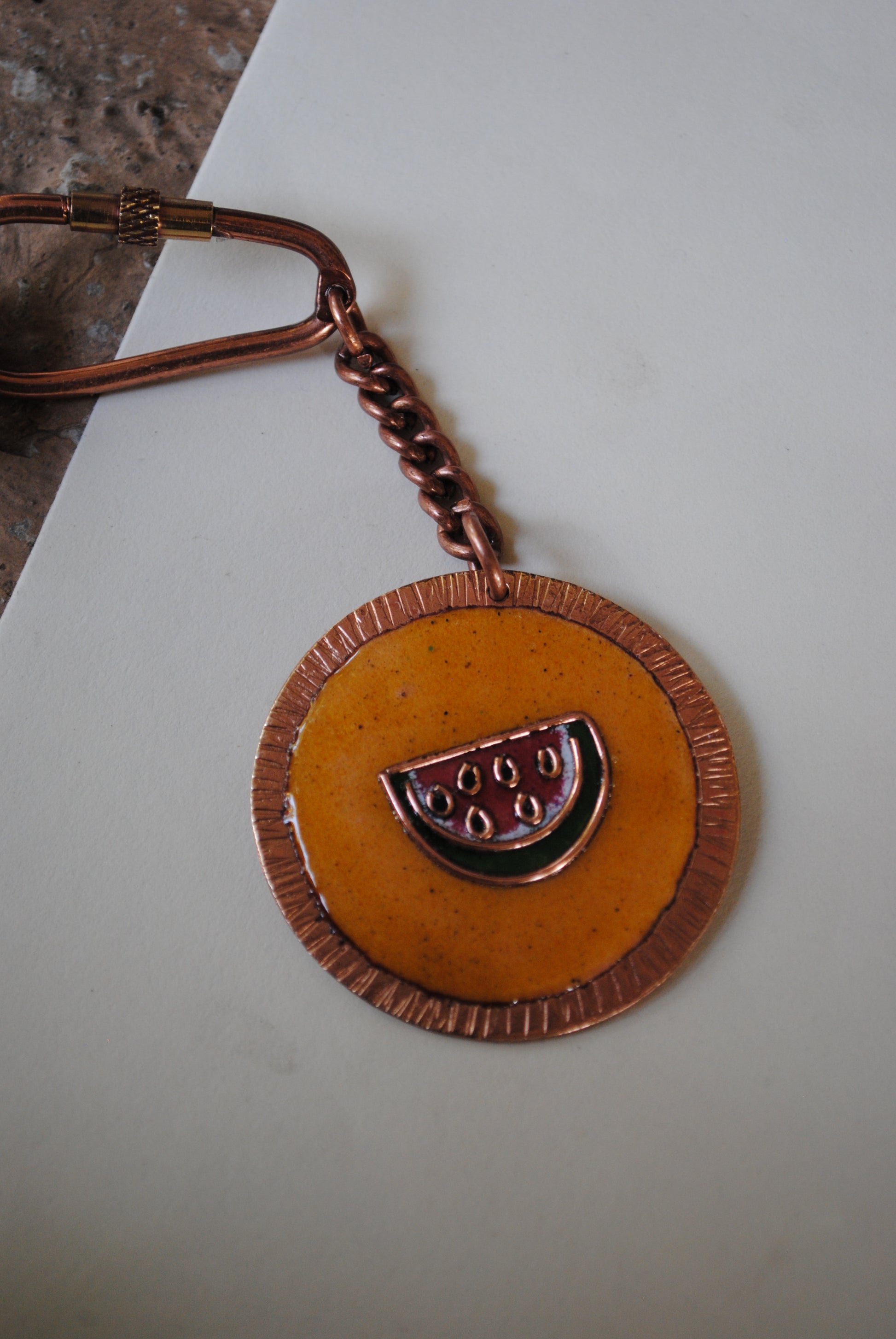 Copper enamel trinkets, funky keychains handcrafted in Maharashtra, India. Tarbooz watermelon theme