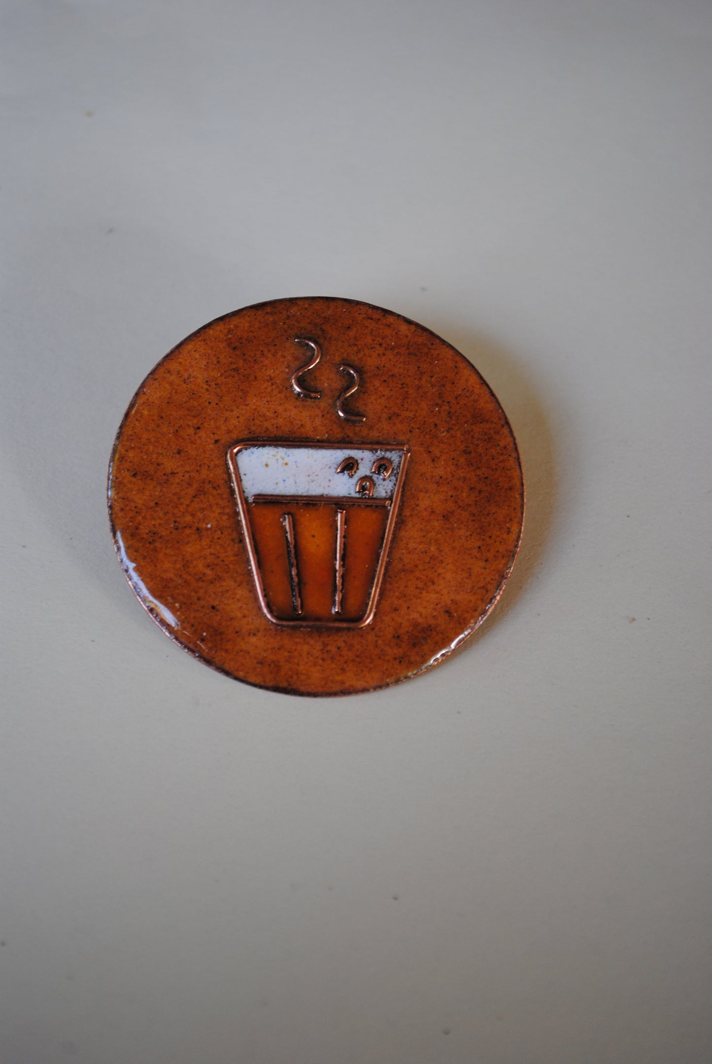 Copper enamel trinkets, funky lapel pin handcrafted in Maharashtra, India. Chai paani theme