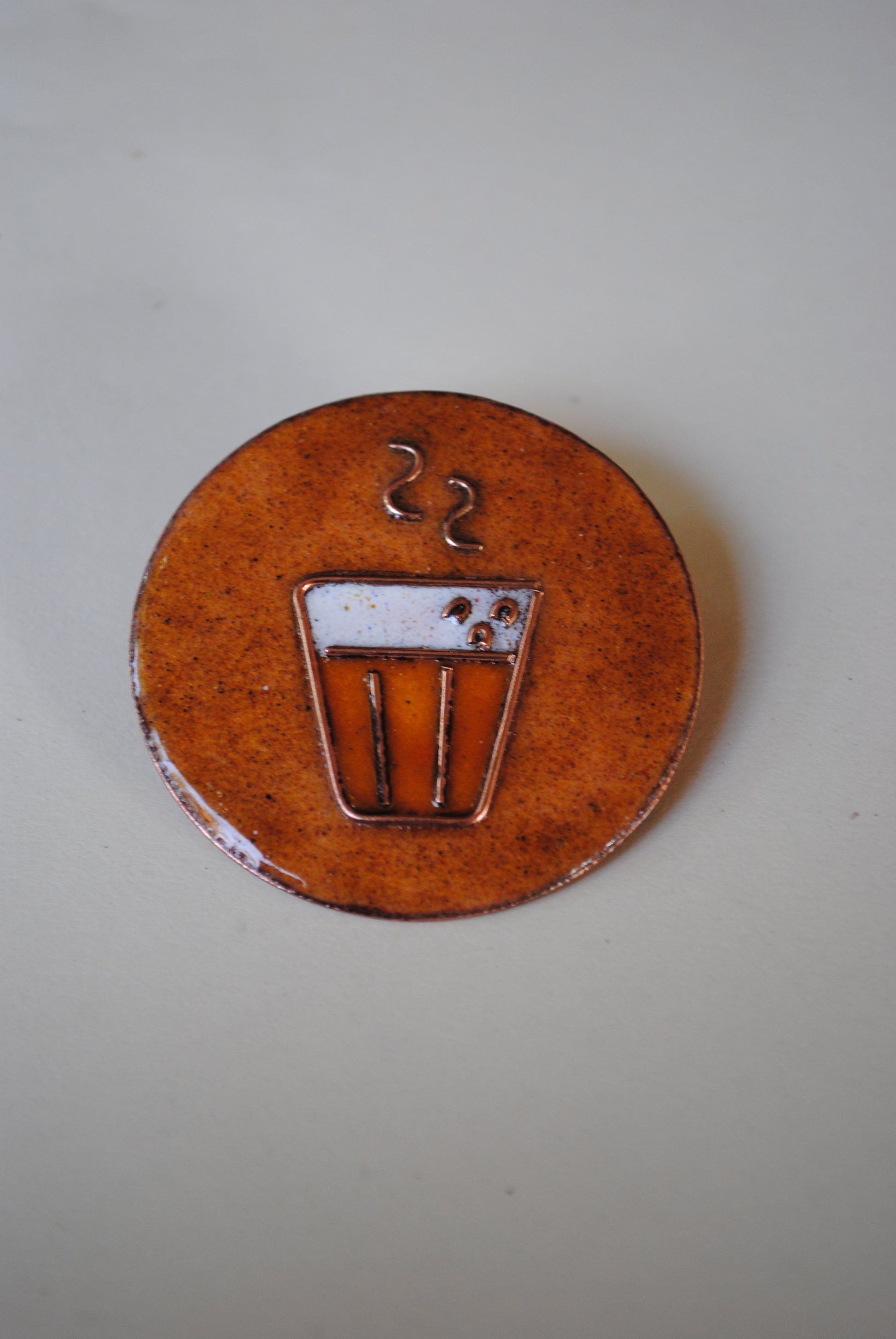 Copper enamel trinkets, funky lapel pin handcrafted in Maharashtra, India. Chai paani theme