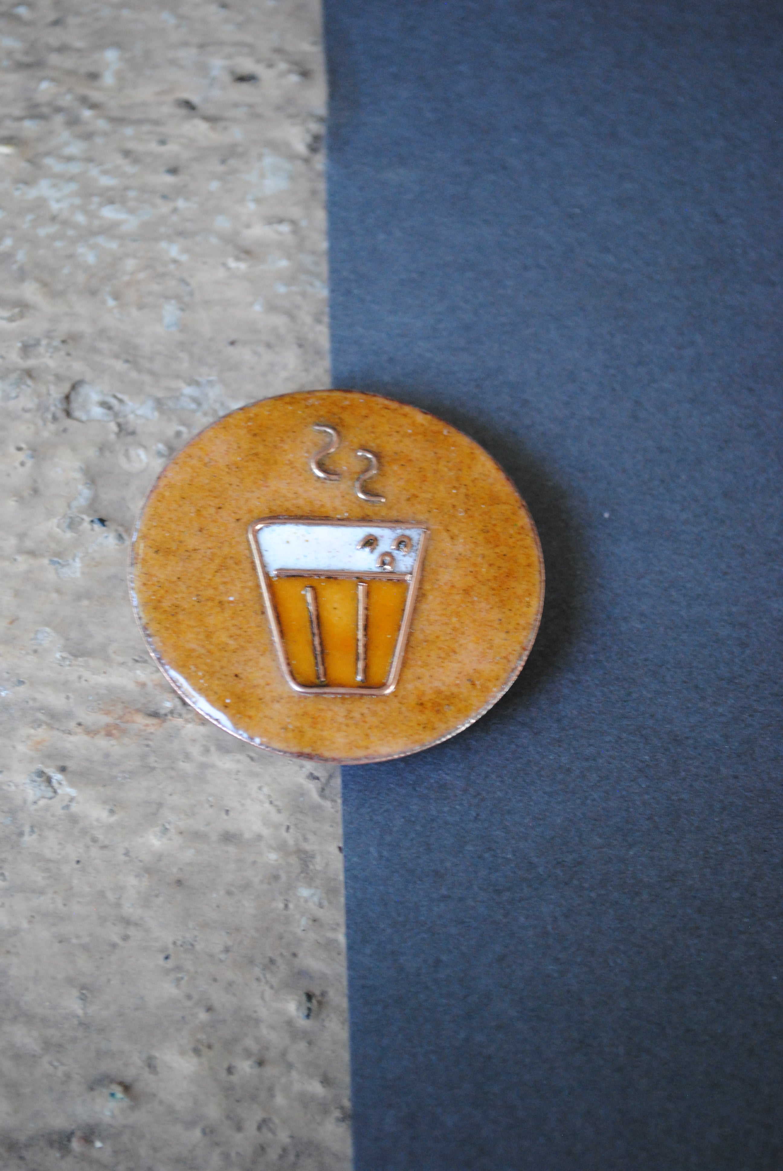 Copper enamel trinkets, funky lapel pin handcrafted in Maharashtra, India. Chai paani theme