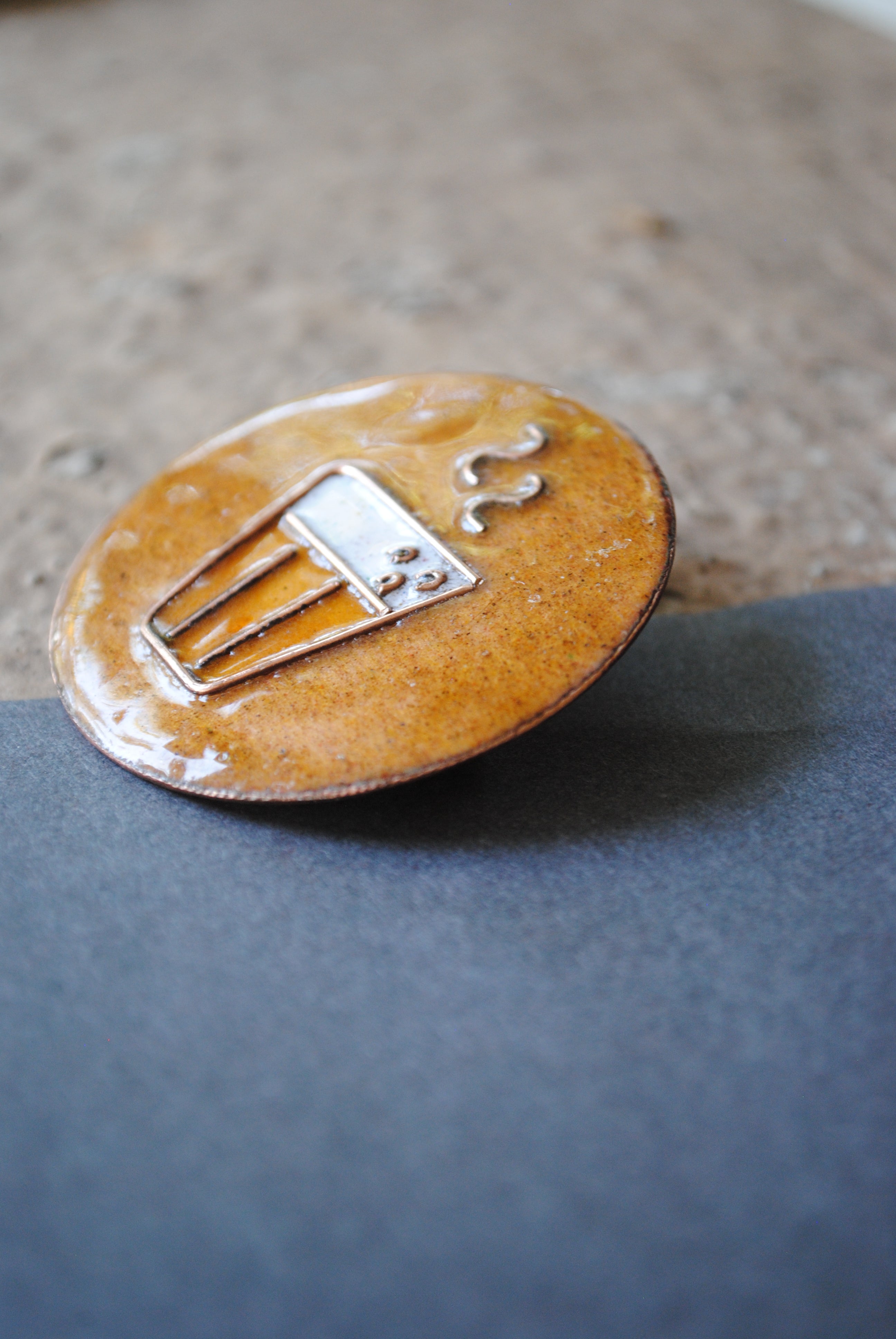 Copper enamel trinkets, funky lapel pin handcrafted in Maharashtra, India. Chai paani theme
