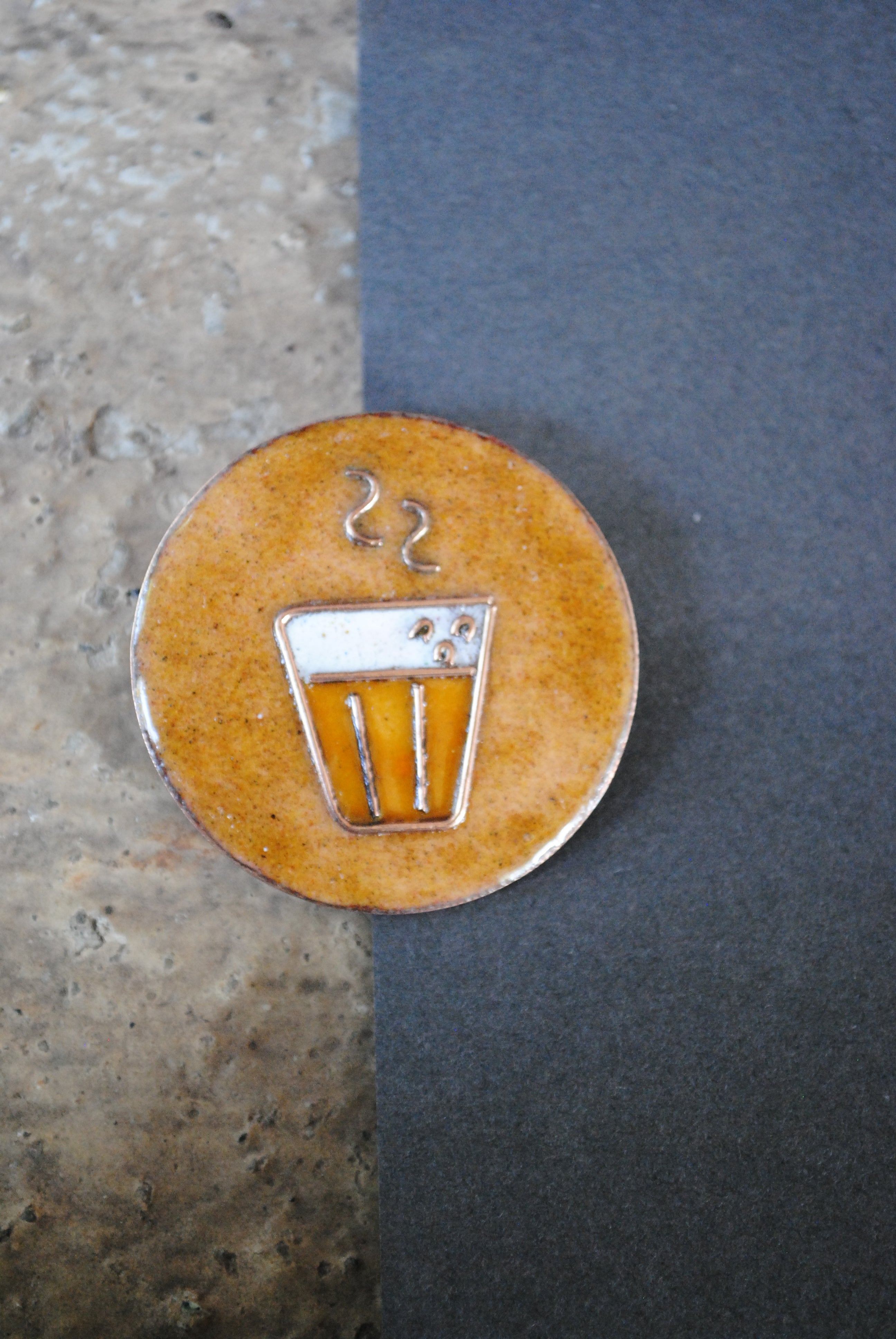 Copper enamel trinkets, funky lapel pin handcrafted in Maharashtra, India. Chai paani theme