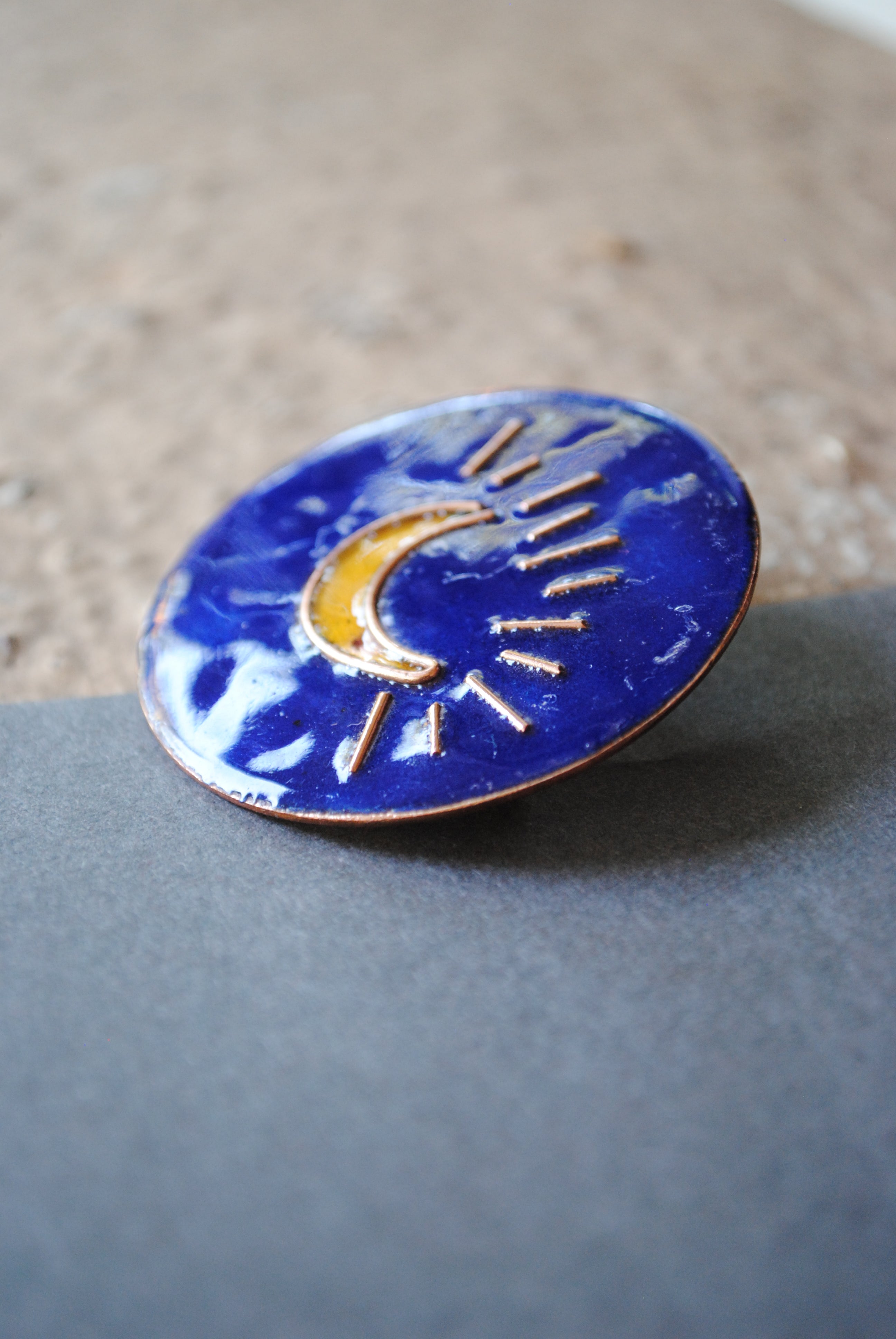 Copper enamel trinkets, funky lapel pins handcrafted in Maharashtra, India. Moon theme