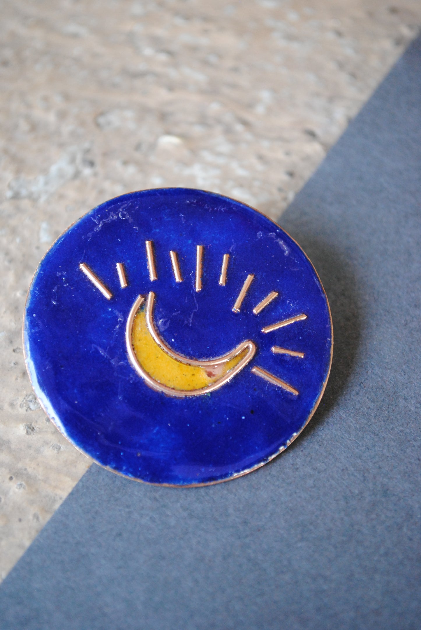 Copper enamel trinkets, funky lapel pins handcrafted in Maharashtra, India. Moon theme