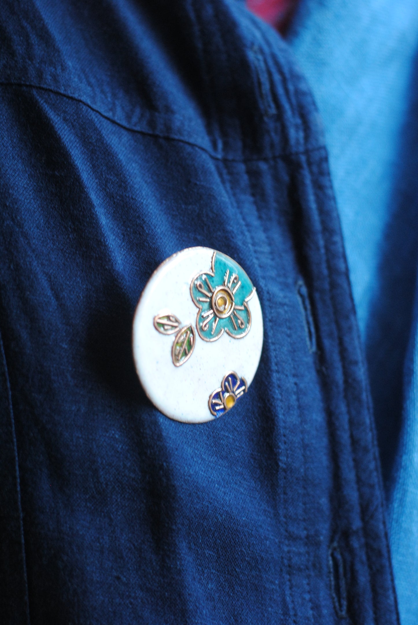 Copper enamel trinkets, funky lapel pin handcrafted in Maharashtra, India. Flower phool theme