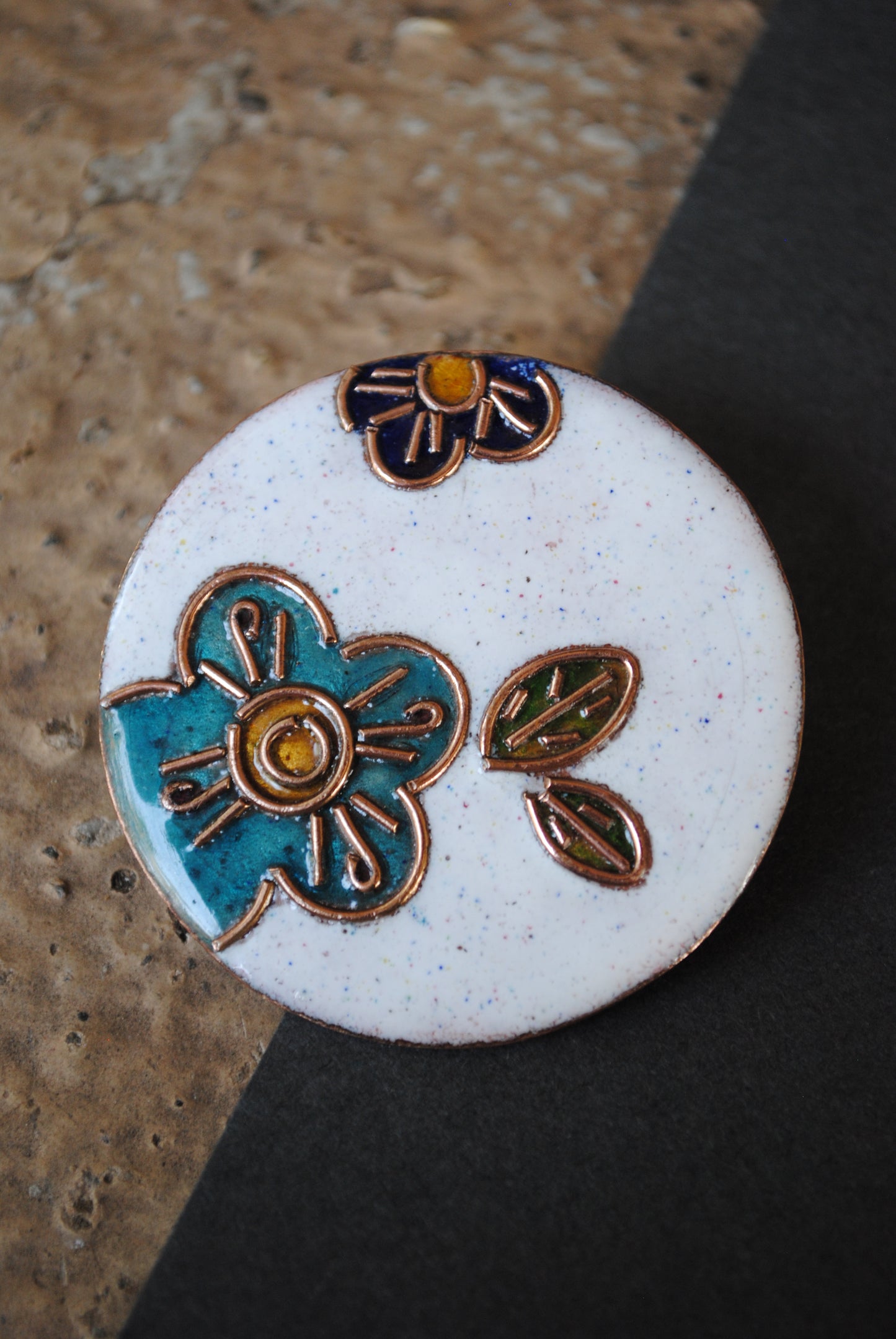 Copper enamel trinkets, funky lapel pin handcrafted in Maharashtra, India. Flower phool theme