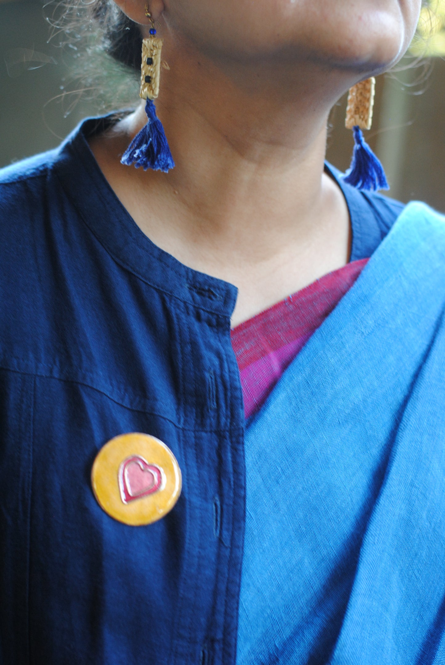 Copper enamel trinkets, funky lapel pin handcrafted in Maharashtra, India. Dil heart theme