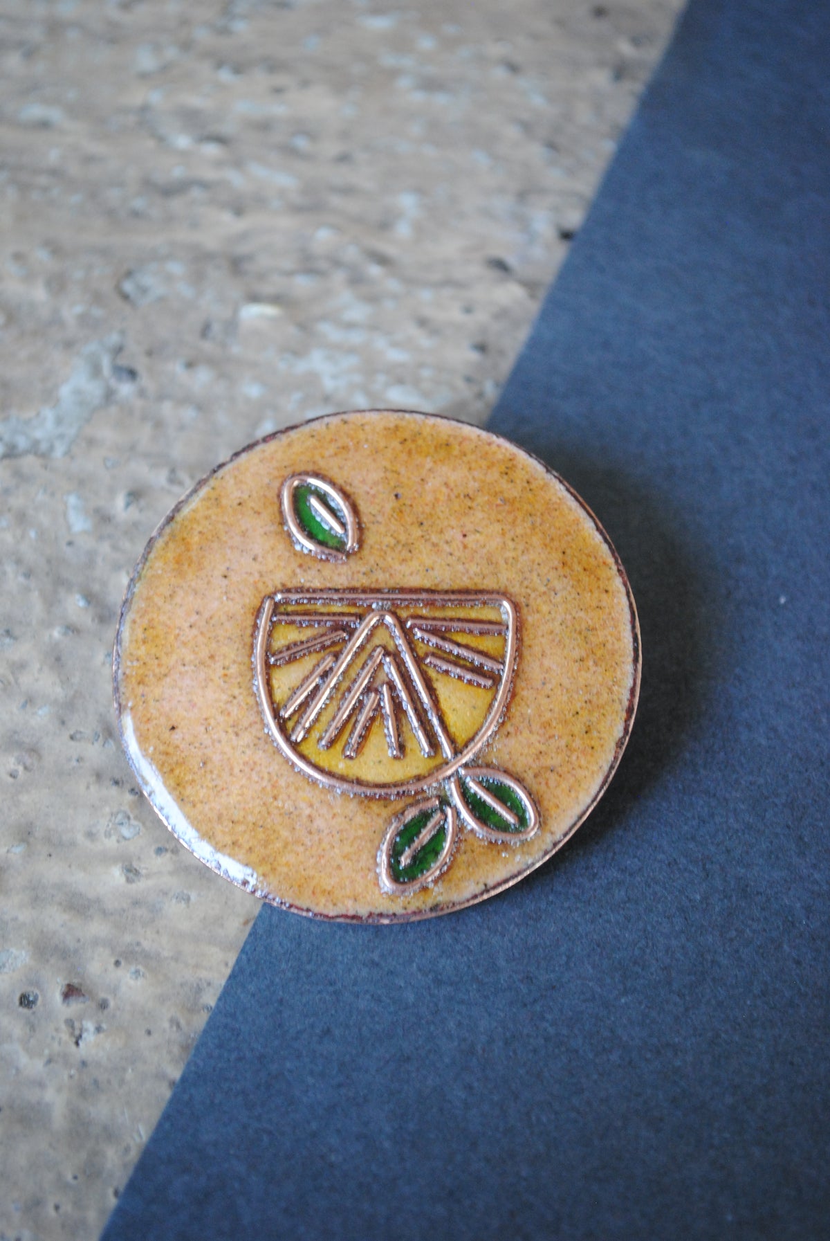 Copper enamel trinkets, funky lapel pins handcrafted in Maharashtra, India. Lemon theme