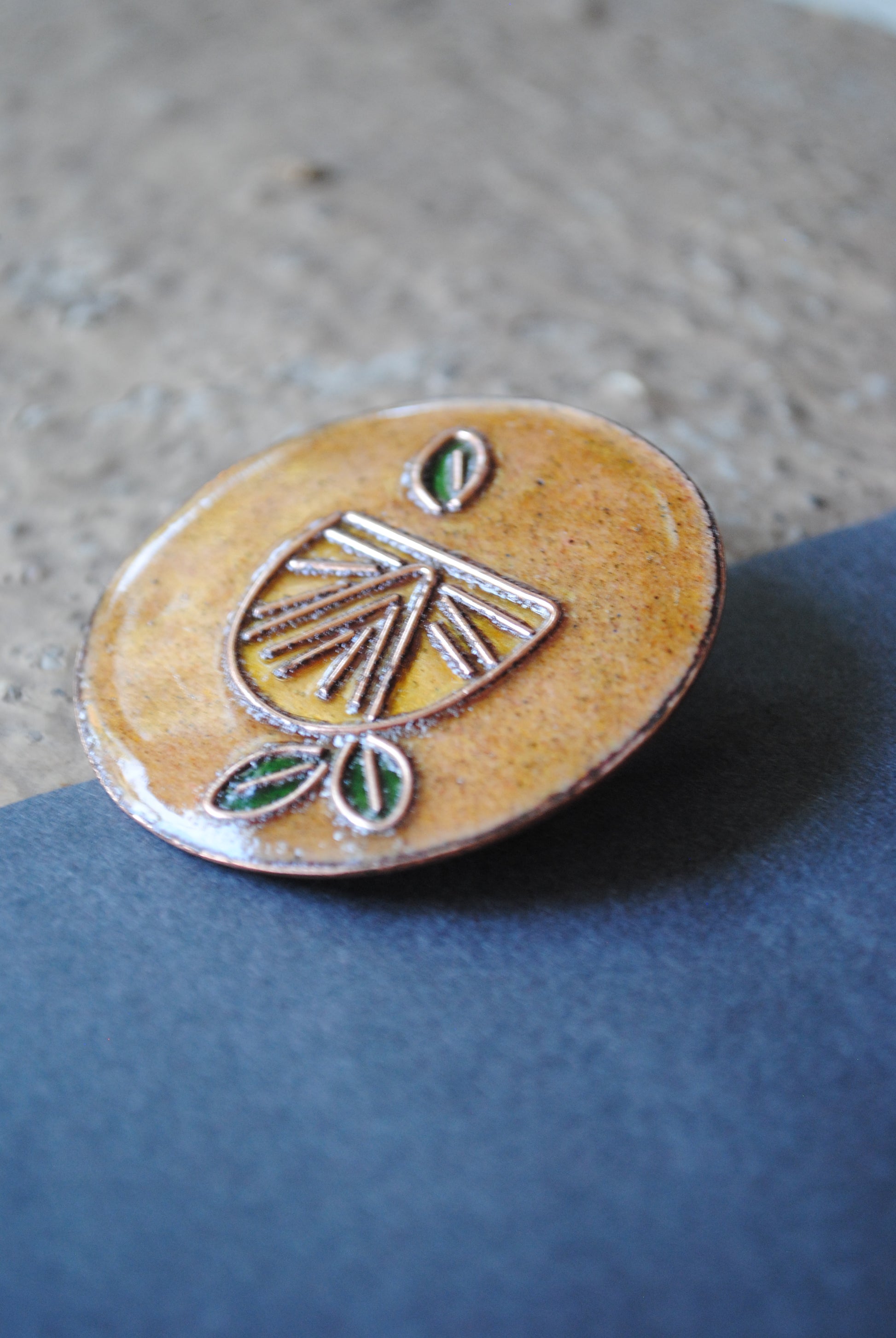Copper enamel trinkets, funky lapel pins handcrafted in Maharashtra, India. Lemon theme
