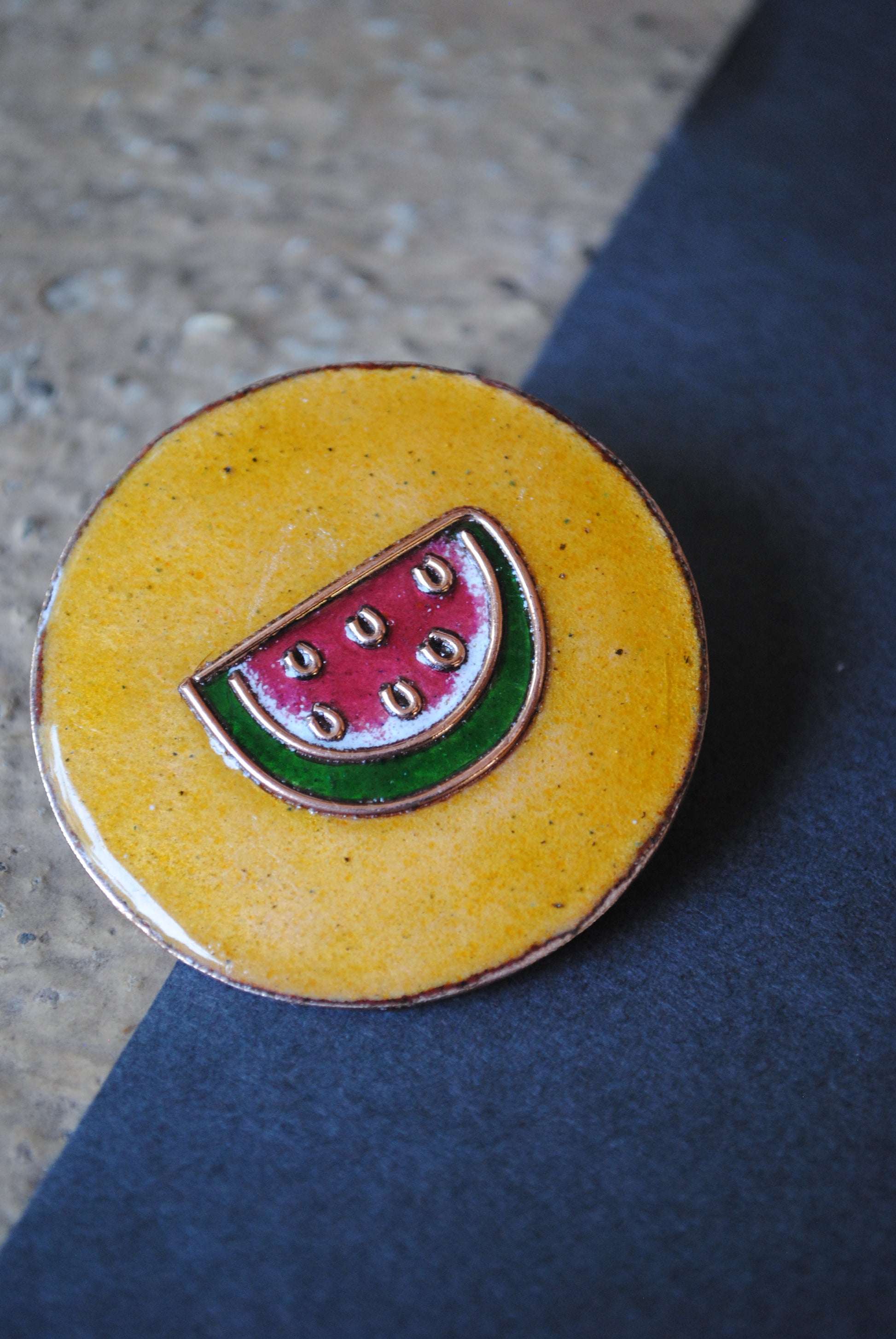Copper enamel trinkets, funky lapel pin handcrafted in Maharashtra, India. Tarbooz watermelon theme