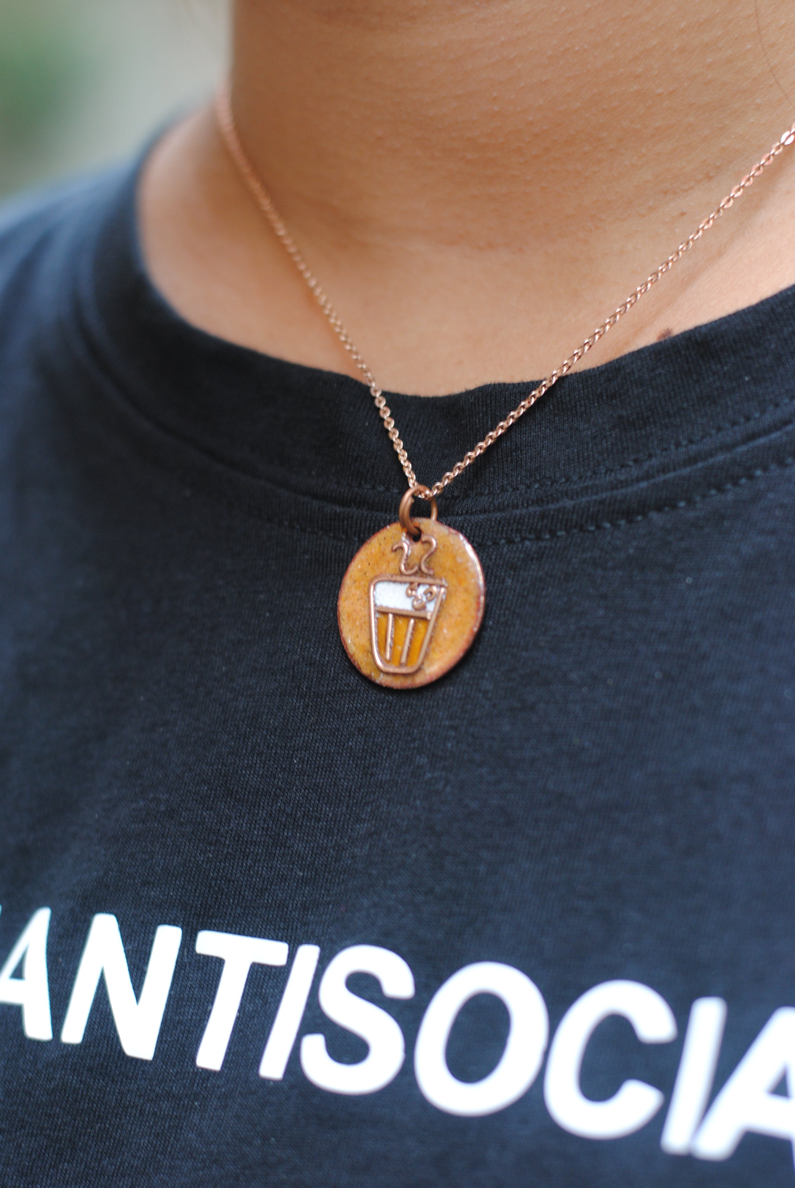 Copper enamel jewelry, funky pendant handcrafted in Maharashtra, India. Chai paani theme