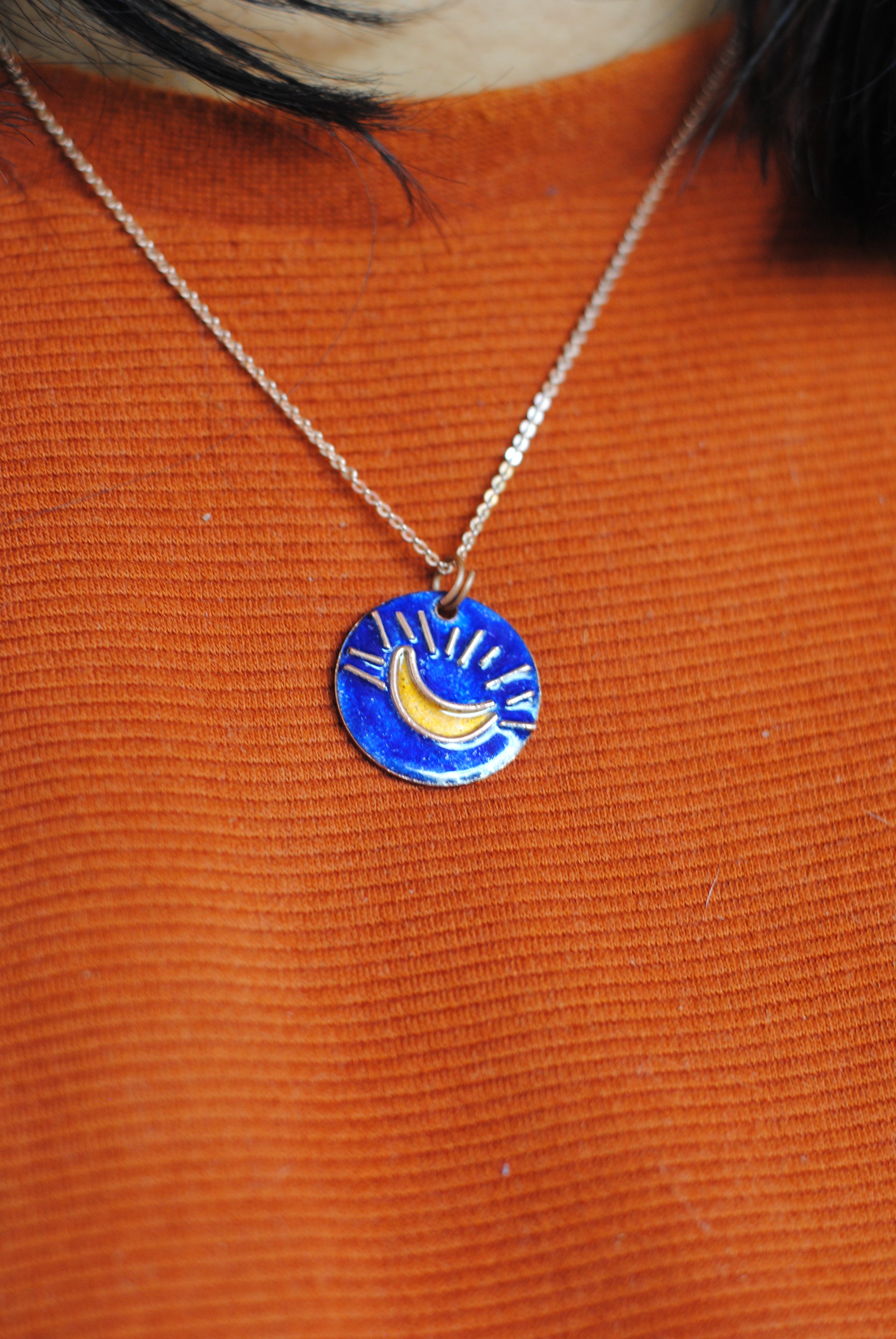 Copper enamel jewelry, funky pendant handcrafted in Maharashtra, India. Moon theme