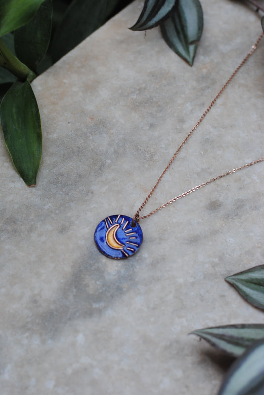Copper enamel jewelry, funky pendant handcrafted in Maharashtra, India. Moon theme