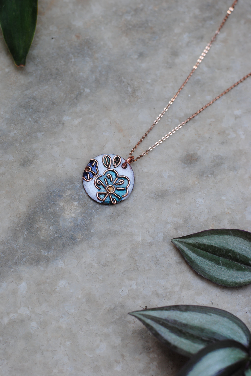 Copper enamel jewelry, funky pendant handcrafted in Maharashtra, India. Flower phool theme