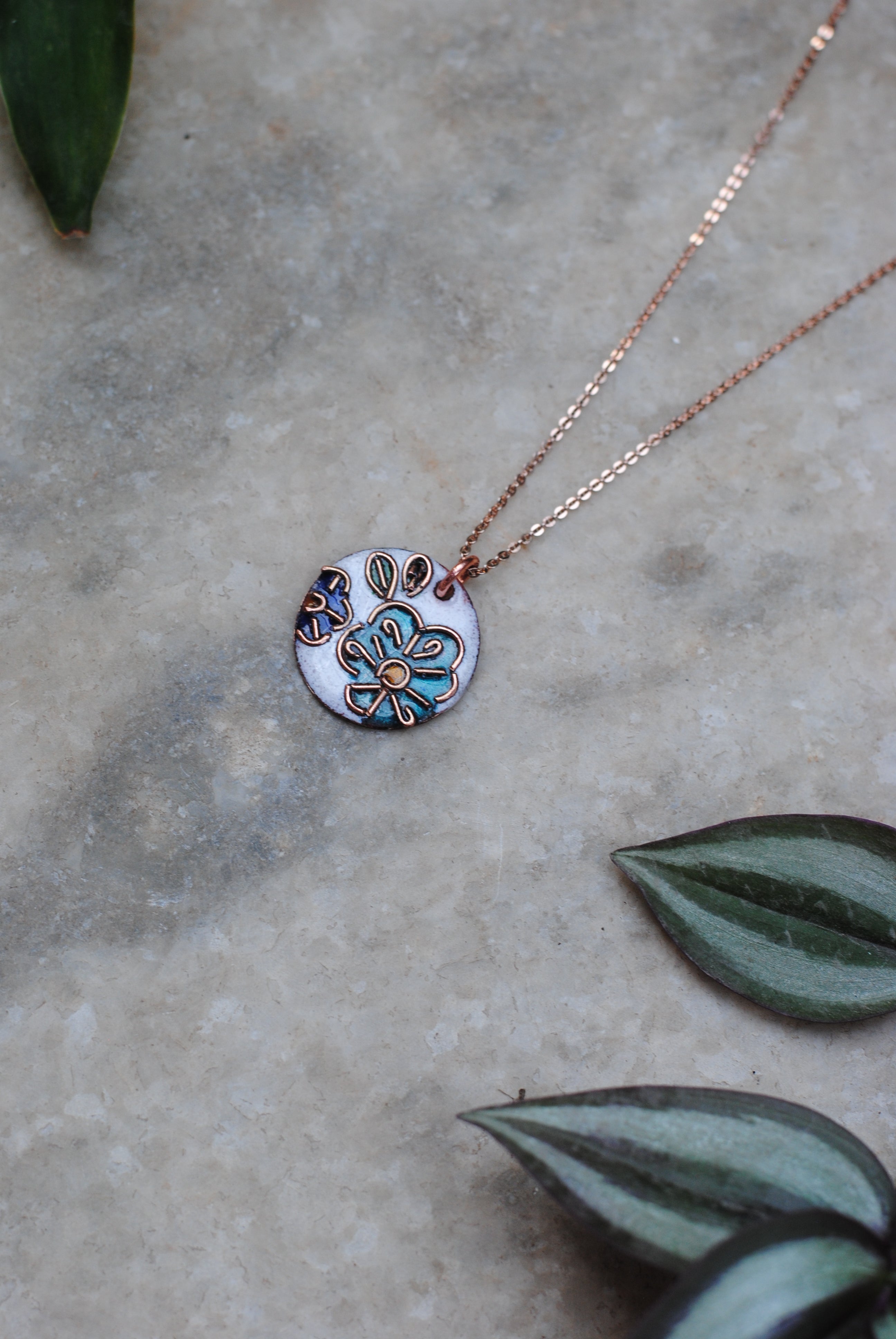 Copper enamel jewelry, funky pendant handcrafted in Maharashtra, India. Flower phool theme