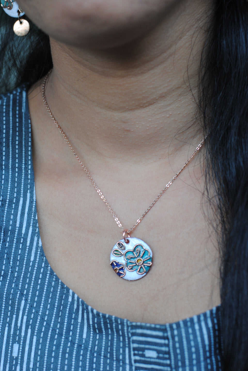 Copper enamel jewelry, funky pendant handcrafted in Maharashtra, India. Flower phool theme