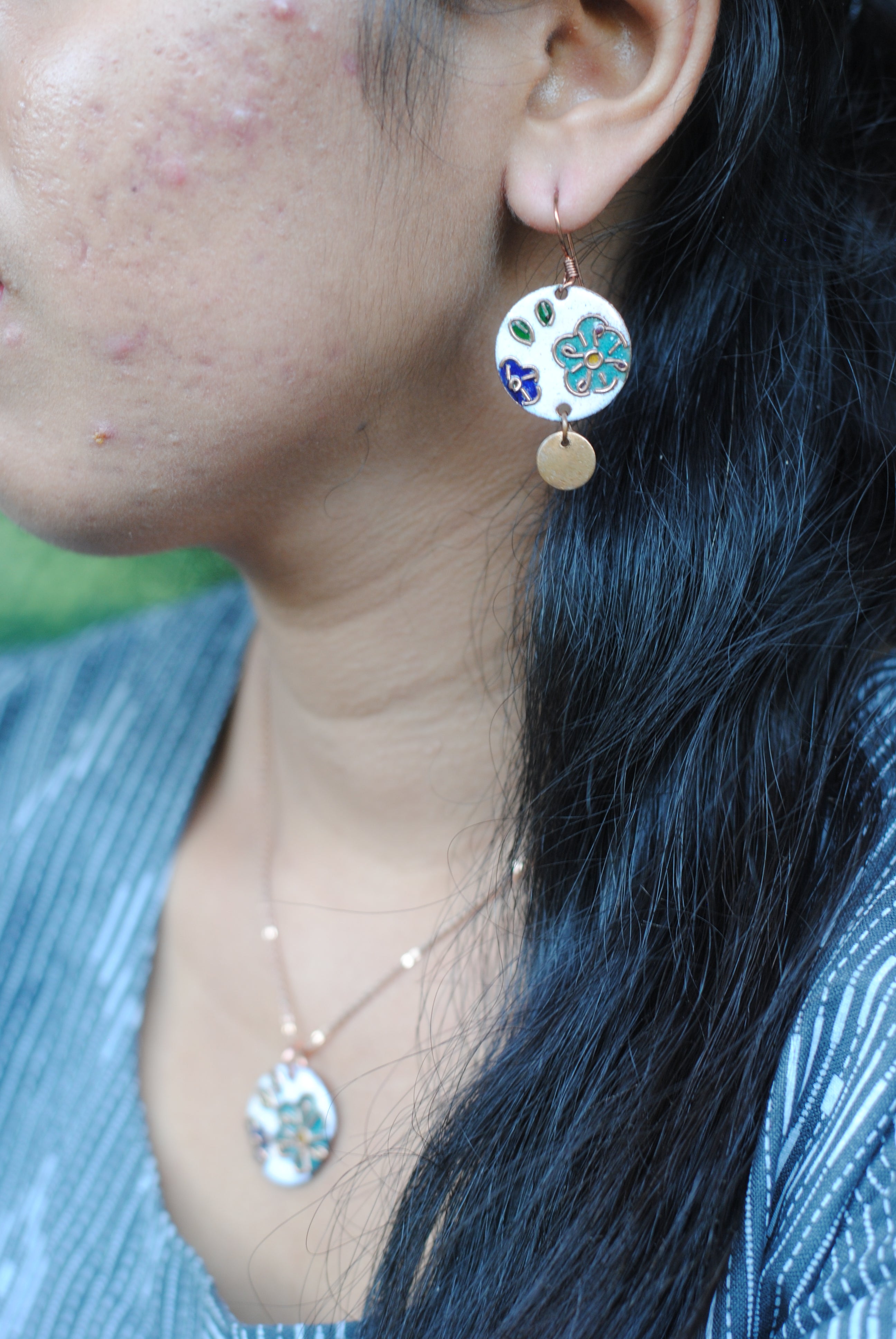 Copper enamel jewelry, funky pendant handcrafted in Maharashtra, India. Flower phool theme