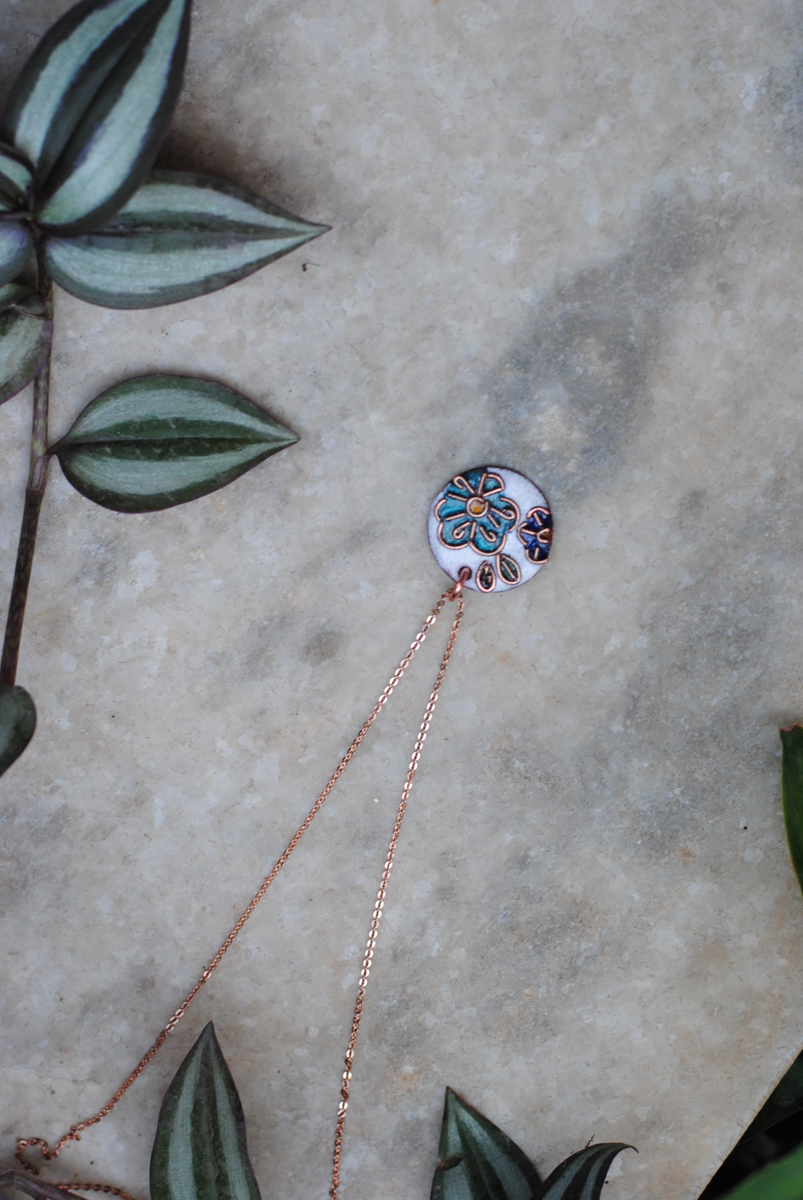 Copper enamel jewelry, funky pendant handcrafted in Maharashtra, India. Flower phool theme