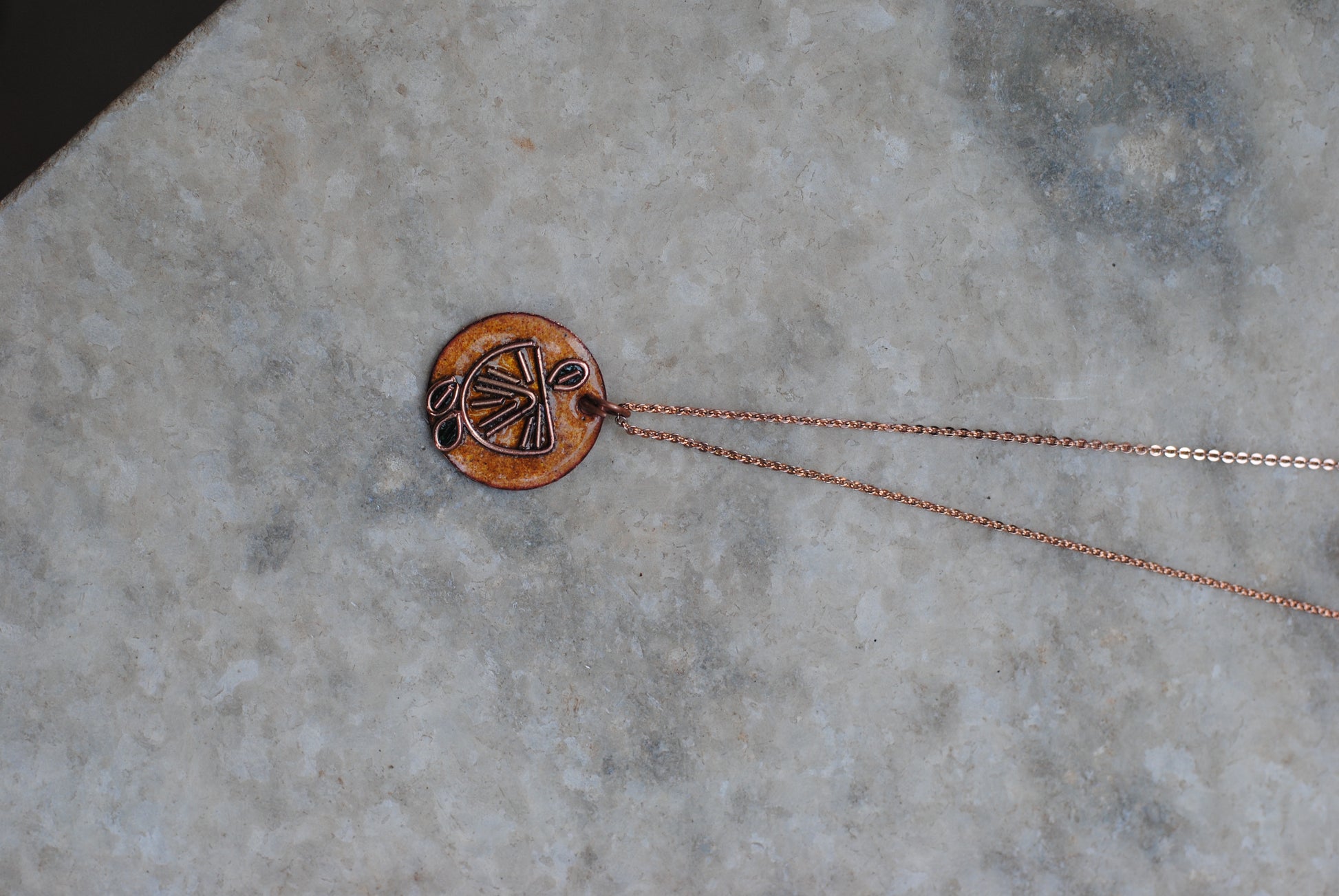 Copper enamel jewelry, funky pendant handcrafted in Maharashtra, India. Lemon theme