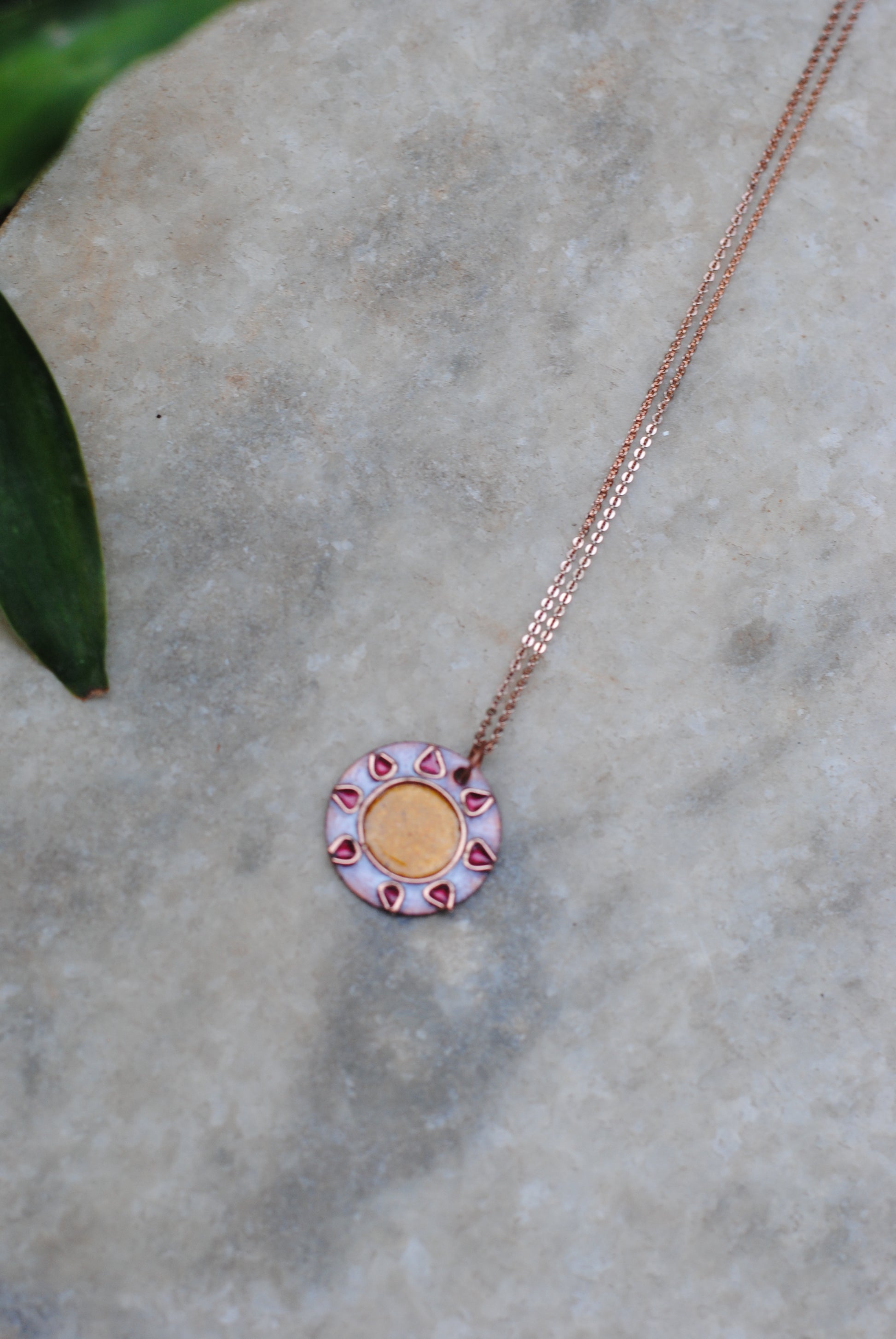 Copper enamel jewelry, funky pendant handcrafted in Maharashtra, India. Sun sooraj theme