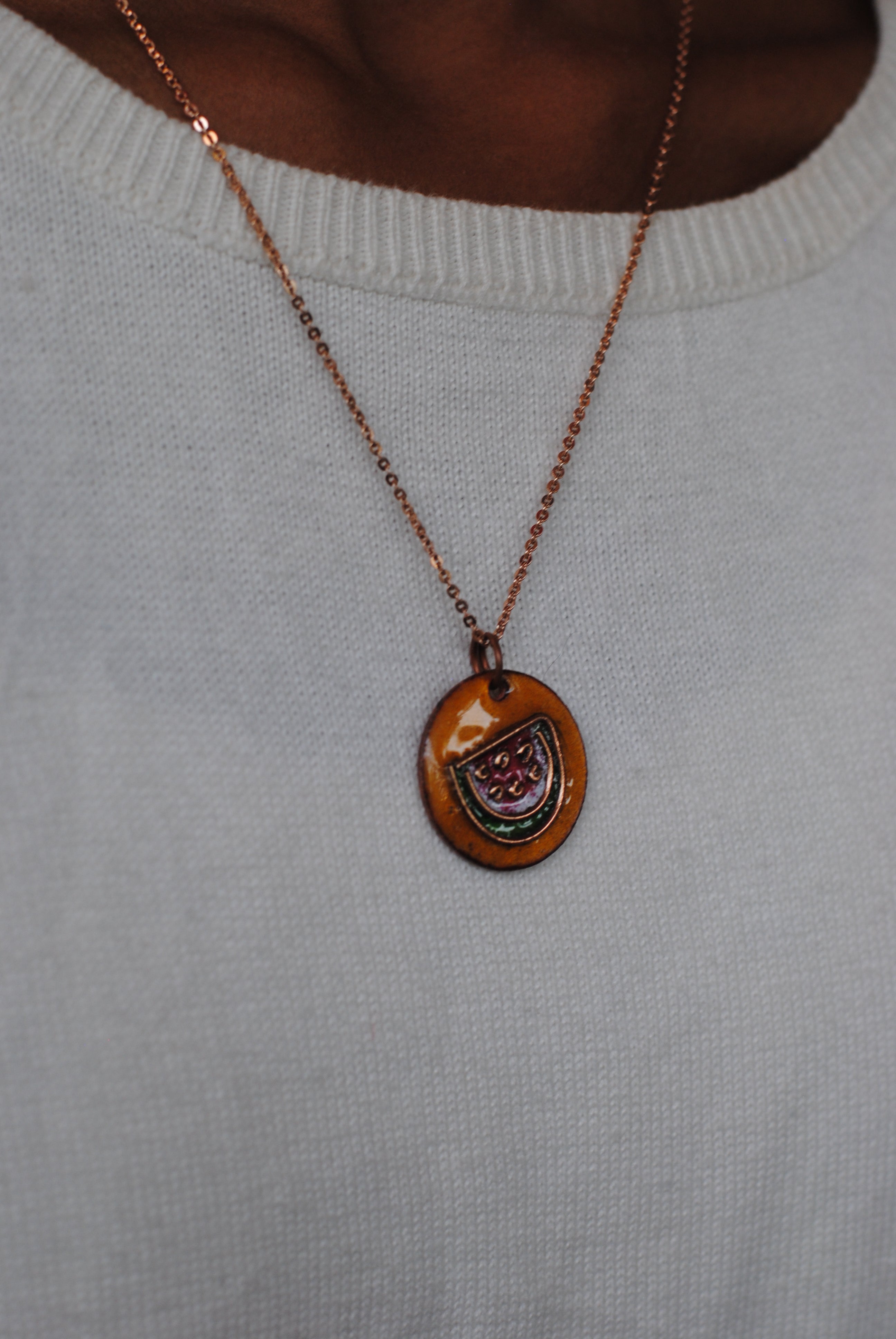 Copper enamel jewelry, funky pendant handcrafted in Maharashtra, India. Watermelon tarbooz theme