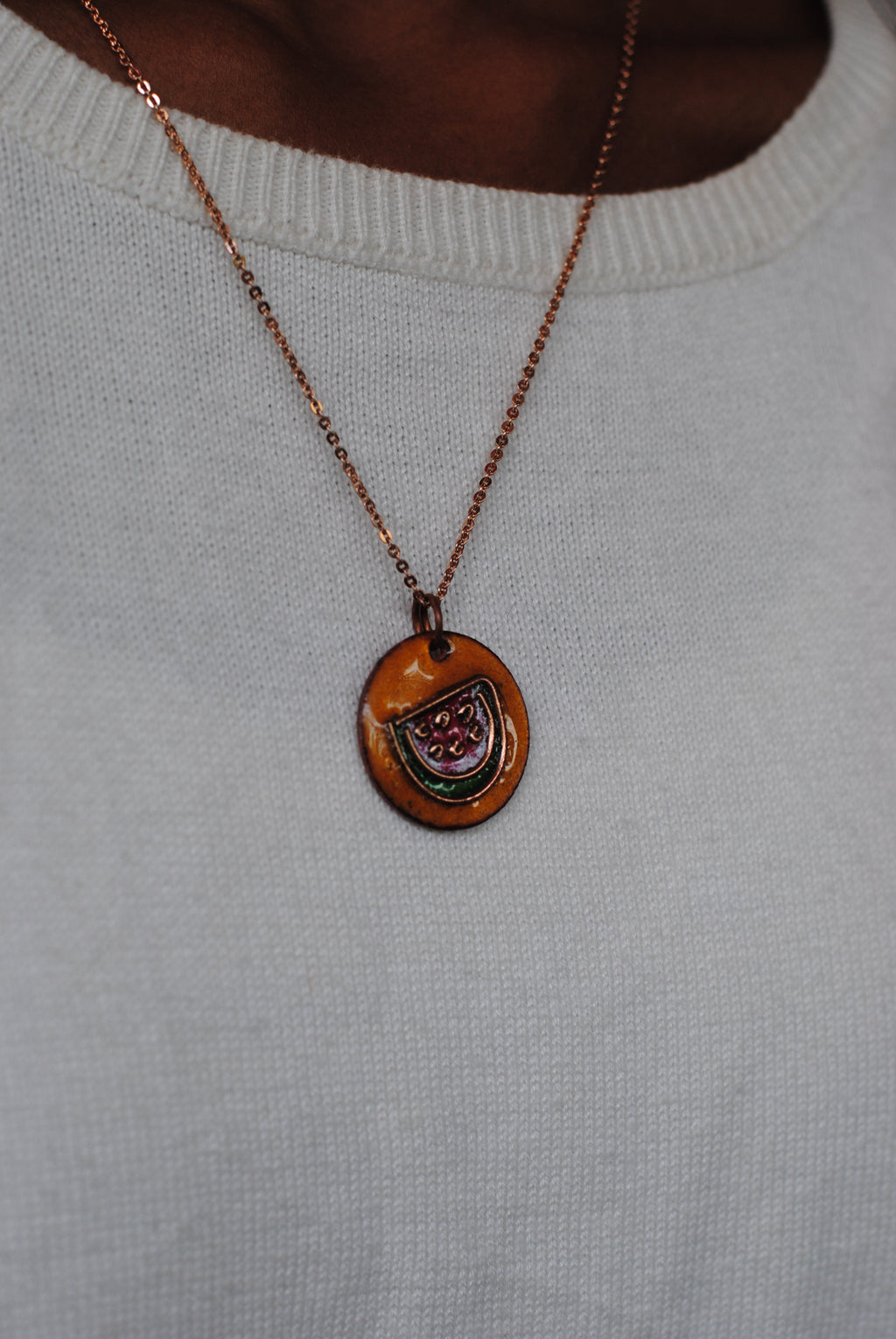 Copper enamel jewelry, funky pendant handcrafted in Maharashtra, India. Watermelon tarbooz theme