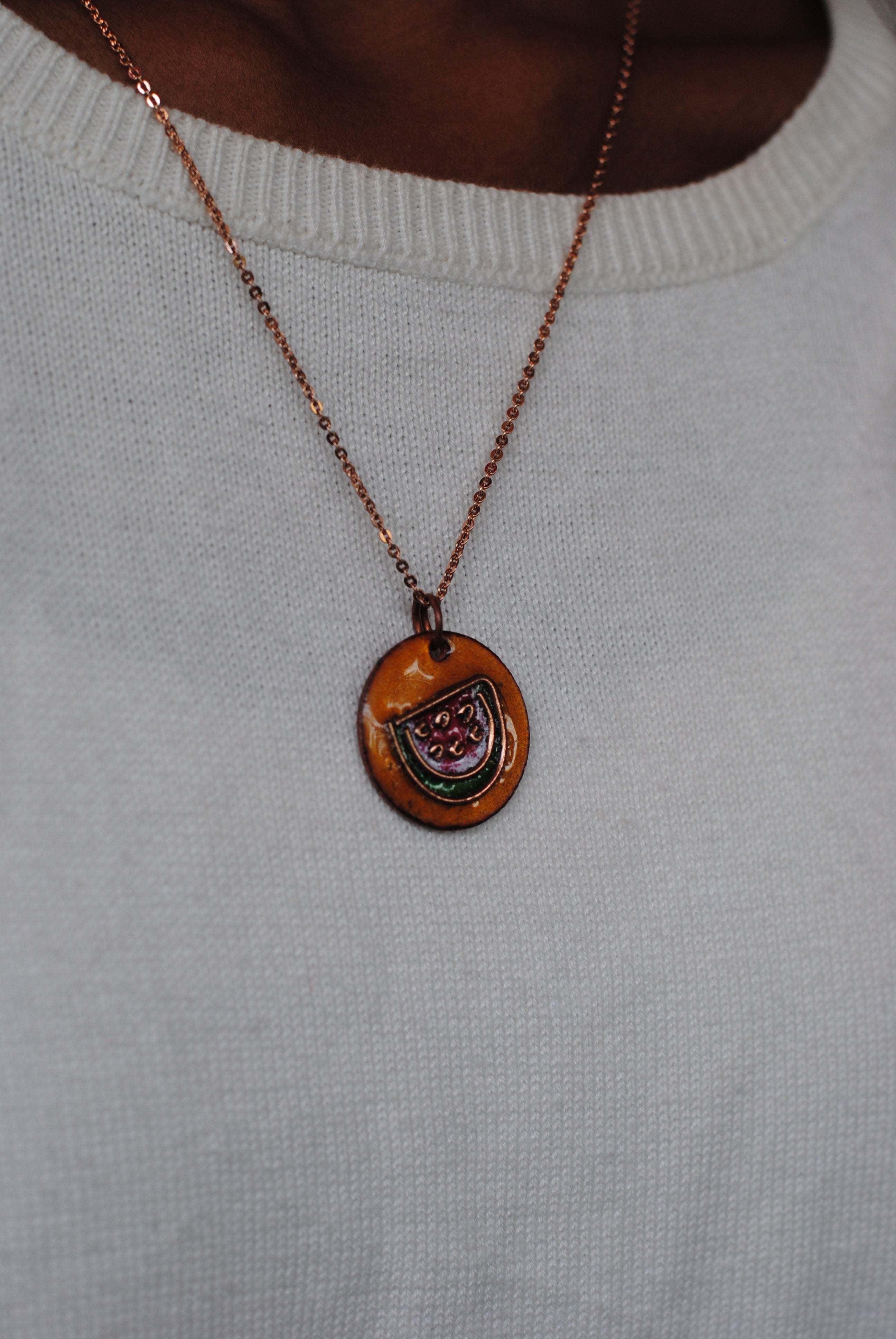 Copper enamel jewelry, funky pendant handcrafted in Maharashtra, India. Watermelon tarbooz theme