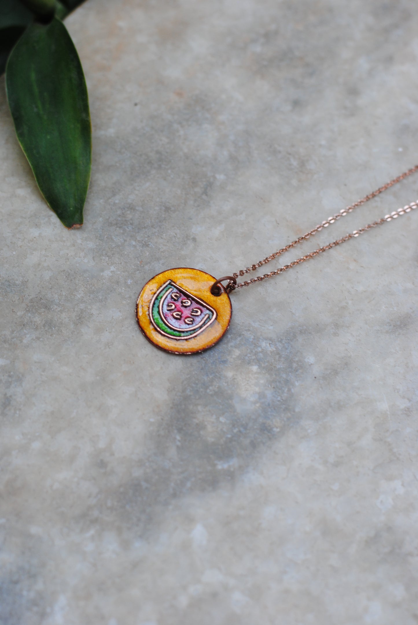 Copper enamel jewelry, funky pendant handcrafted in Maharashtra, India. Watermelon tarbooz theme