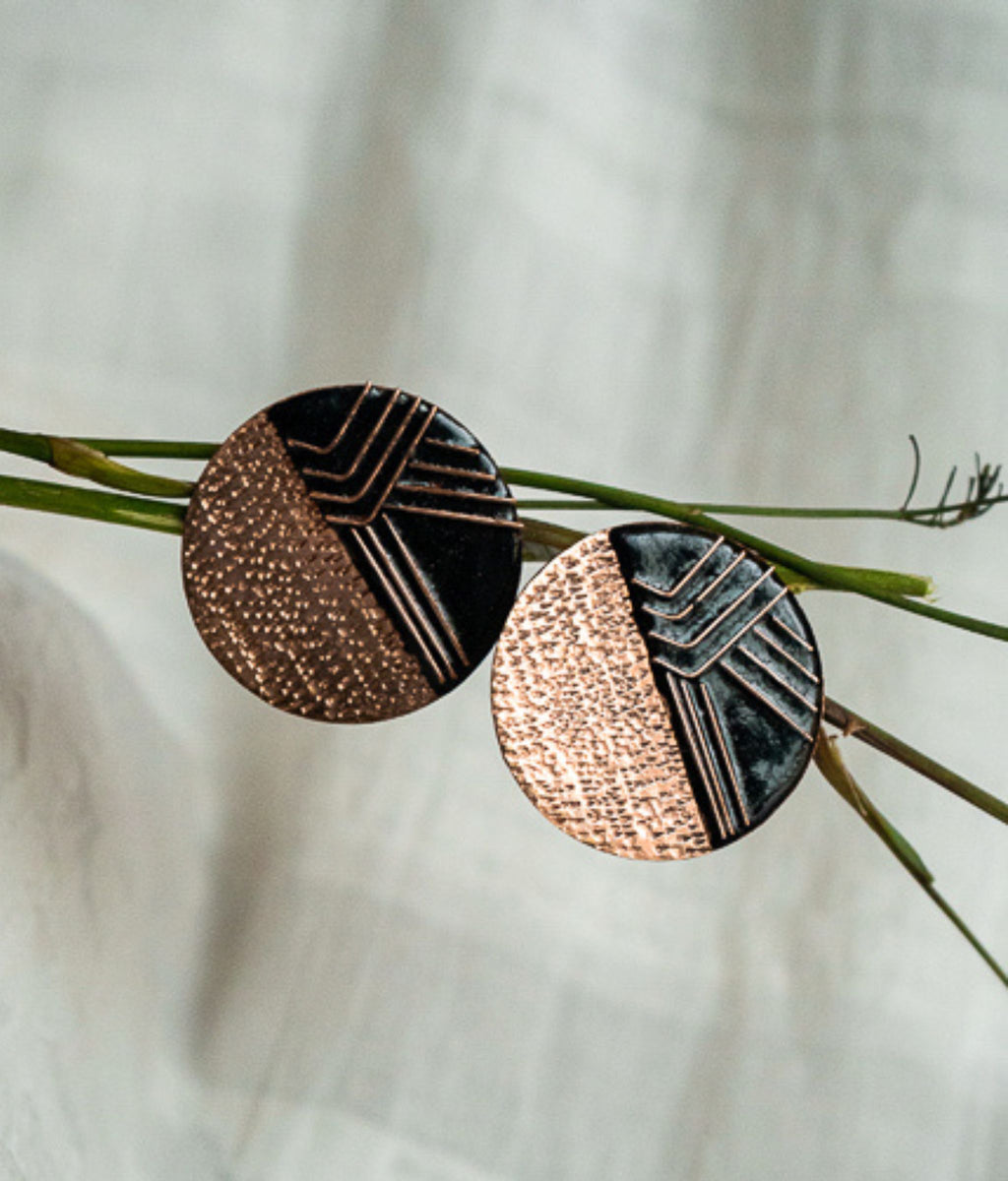 Copper enamel jewelry, geometry designs handcrafted in Maharashtra, India. Sun theme