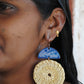 Truna natural fibre golden grass and copper enamel handcrafted jewelry from Odisha, Chandrabindu earrings in blue