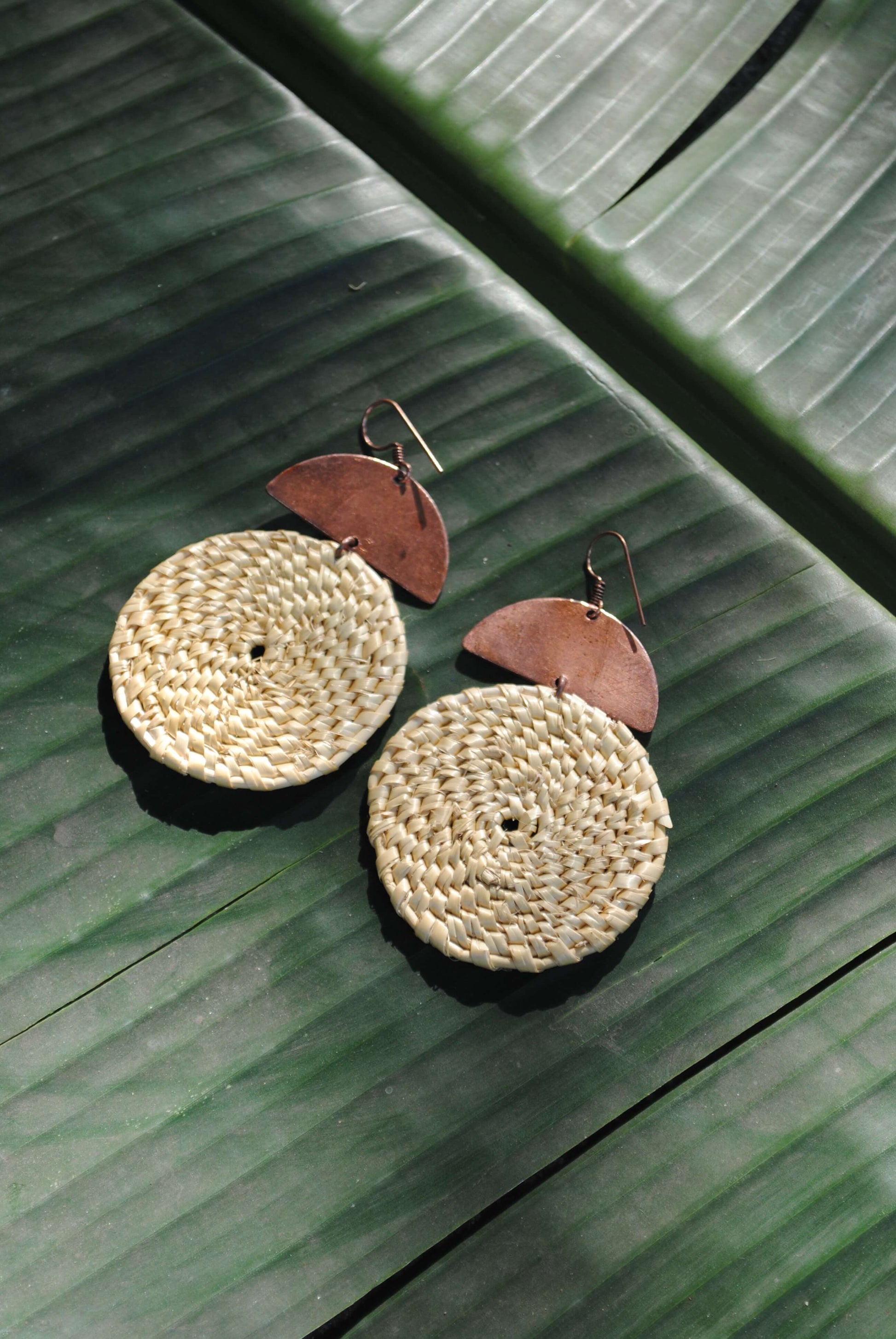 Truna natural fibre golden grass and copper enamel handcrafted jewelry from Odisha, Chandrabindu earrings in green