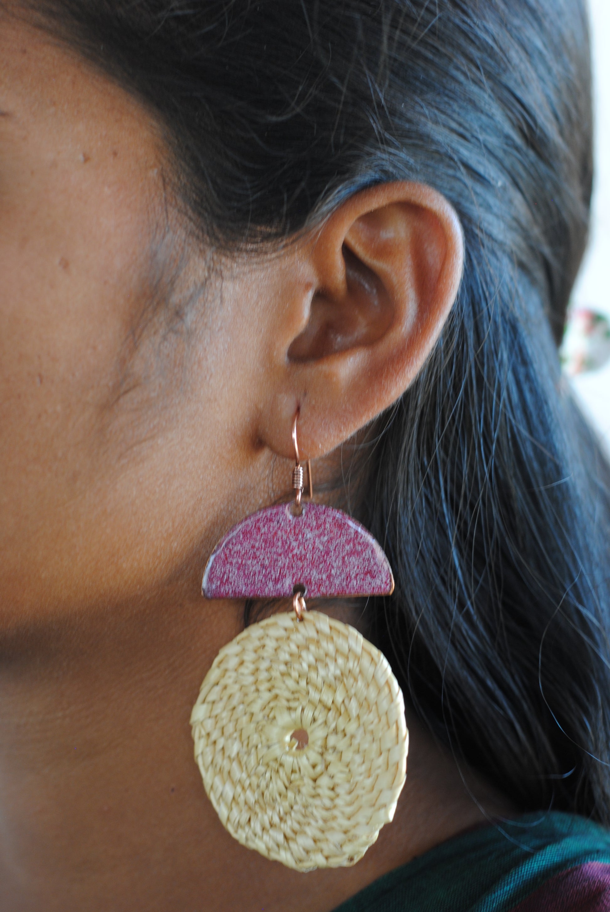 Truna natural fibre golden grass and copper enamel handcrafted jewelry from Odisha, Chandrabindu earrings in red