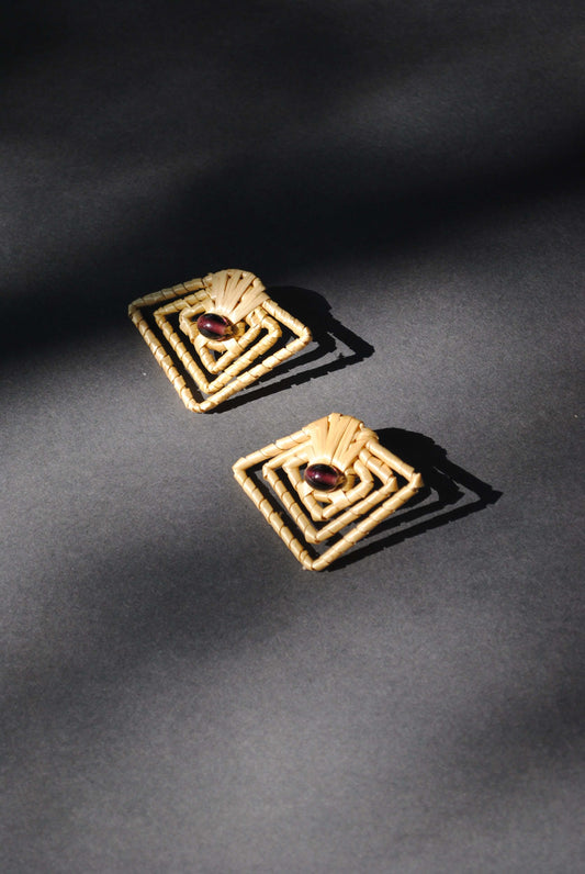 Truna natural fibre golden grass and copper enamel handcrafted earrings from Odisha, diamond shape